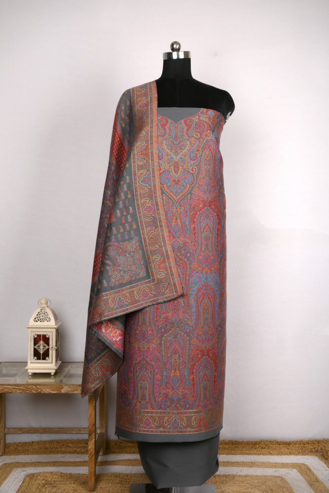 Image of Grey Pashmina Suit set with Pashmina Dupatta- 1000-0455C