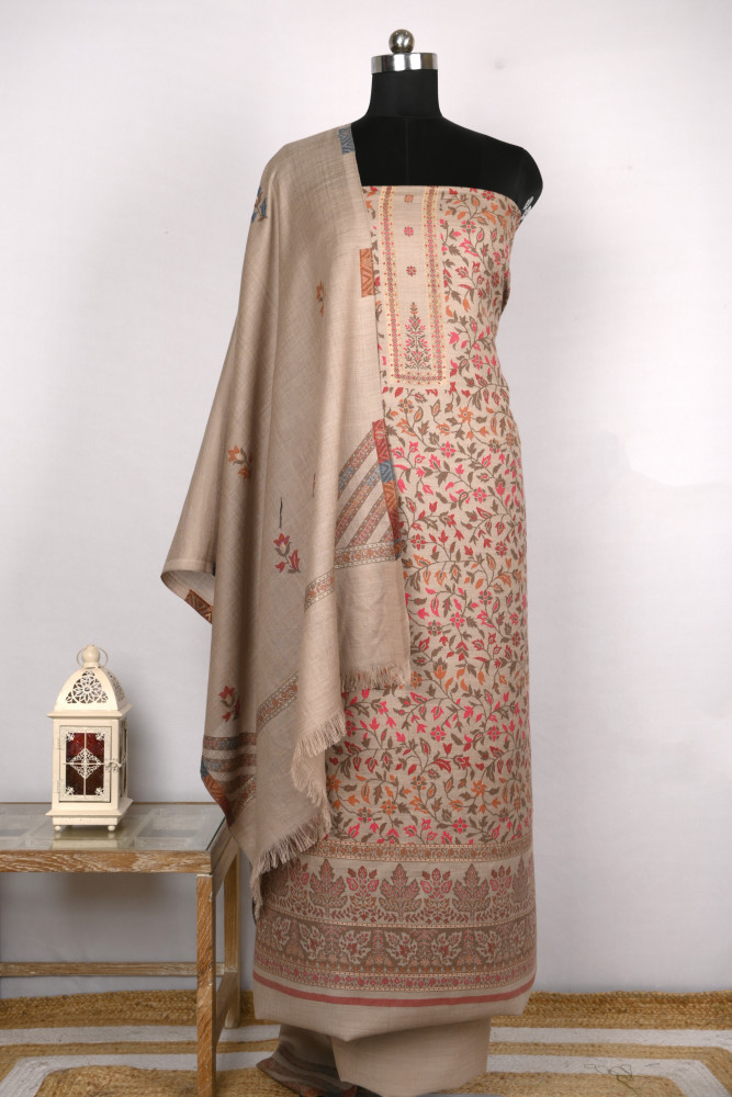 Image of Beige Pashmina Suit set with Pashmina Dupatta- PASH1412C