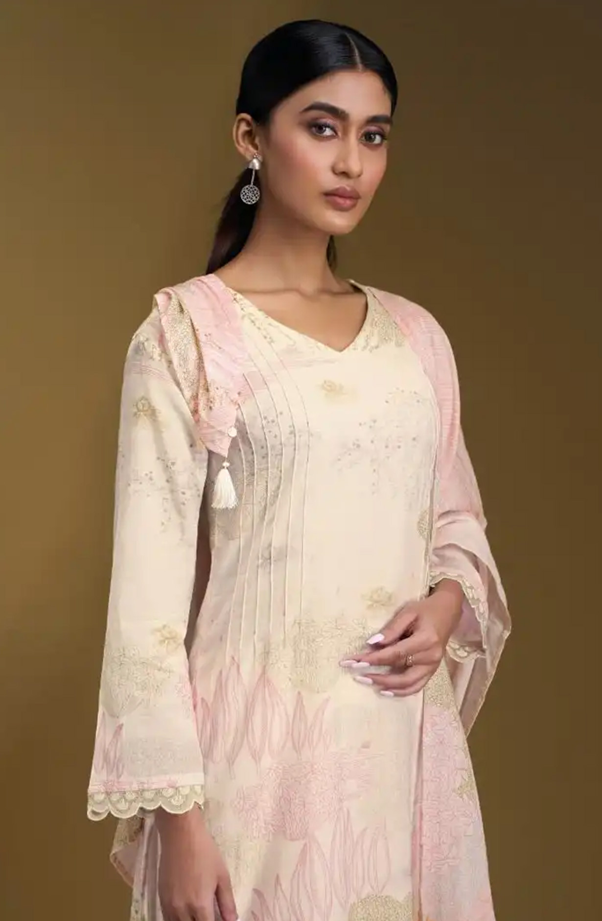 Off- White Mal Chanderi Silk Suit set with Dupatta - SRU12021B