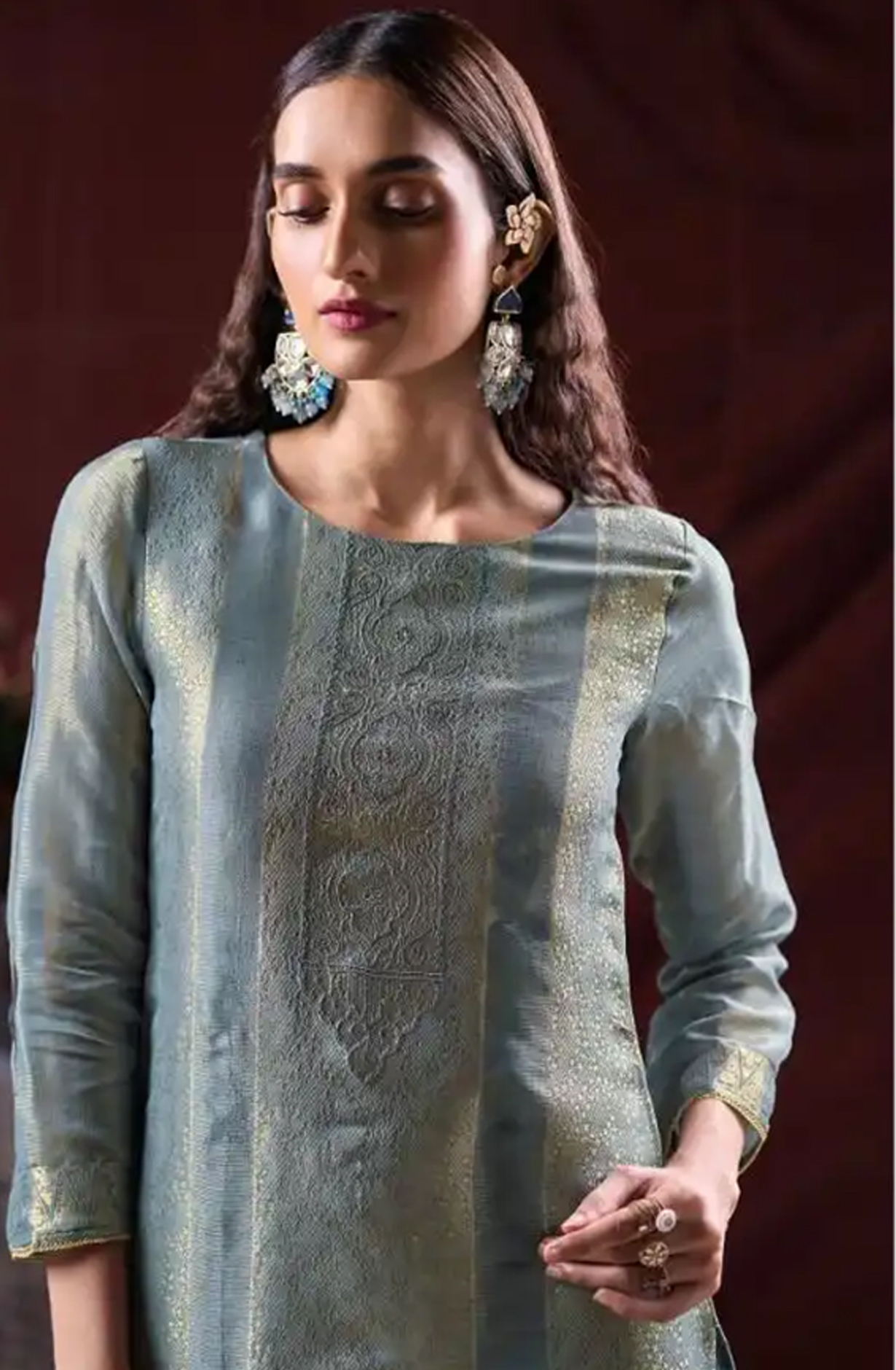 Blue Silk Jacquard Suit Set with Dupatta - ARNC2299