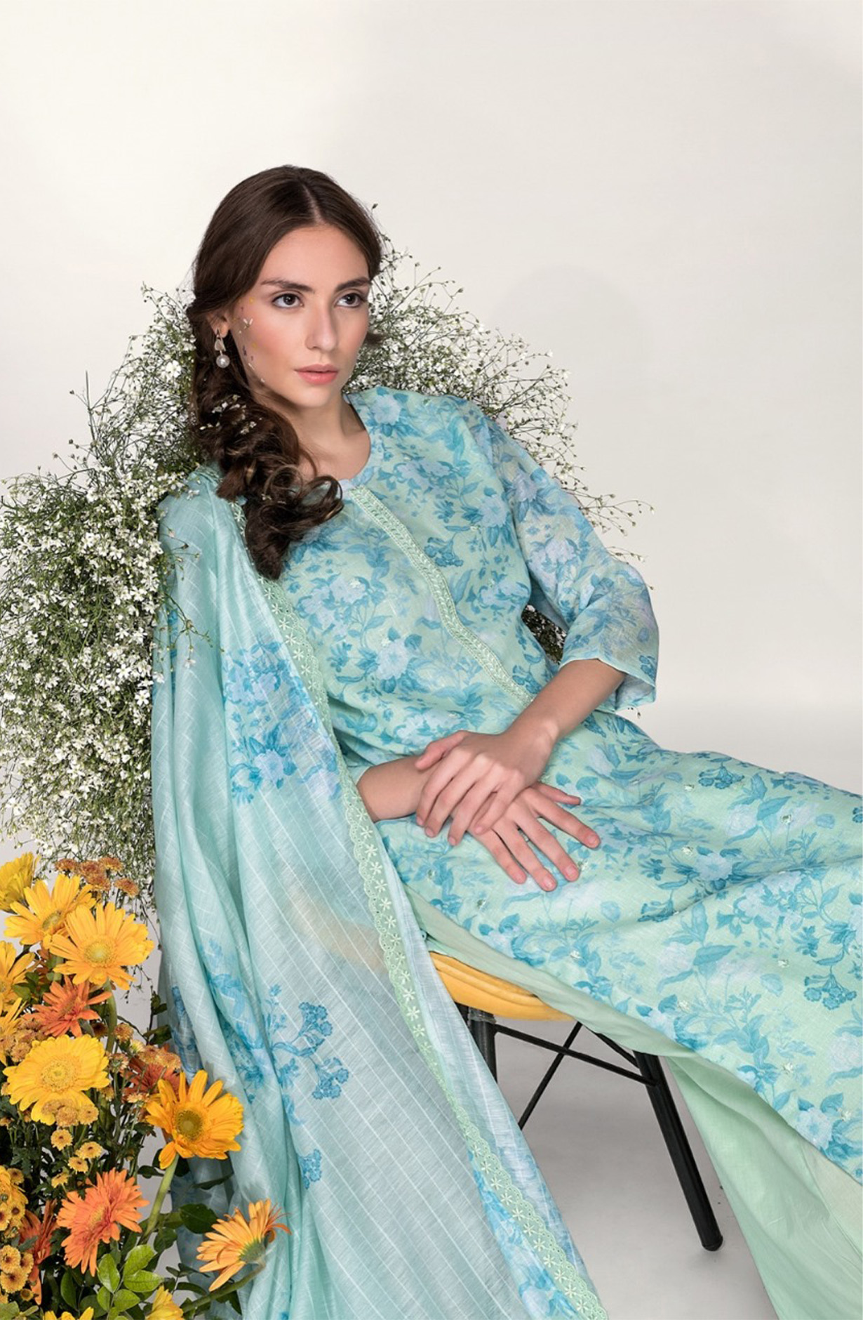 Sea Green Linen Digital Printed beautiful Suit Set with Dupatta - MOG9982A