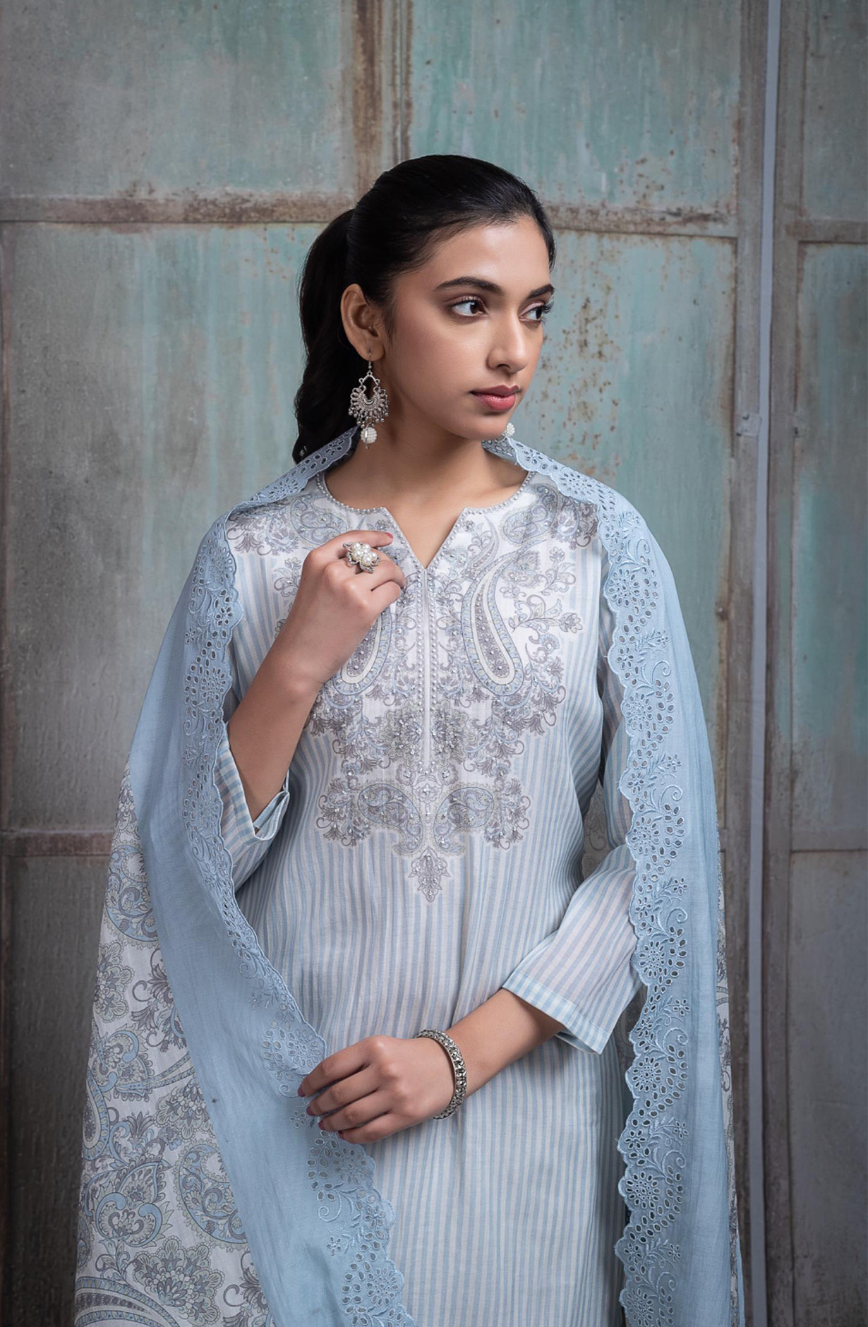 Blue Pure mul chanderi beautiful Suit Set with Dupatta - FAHNT155A