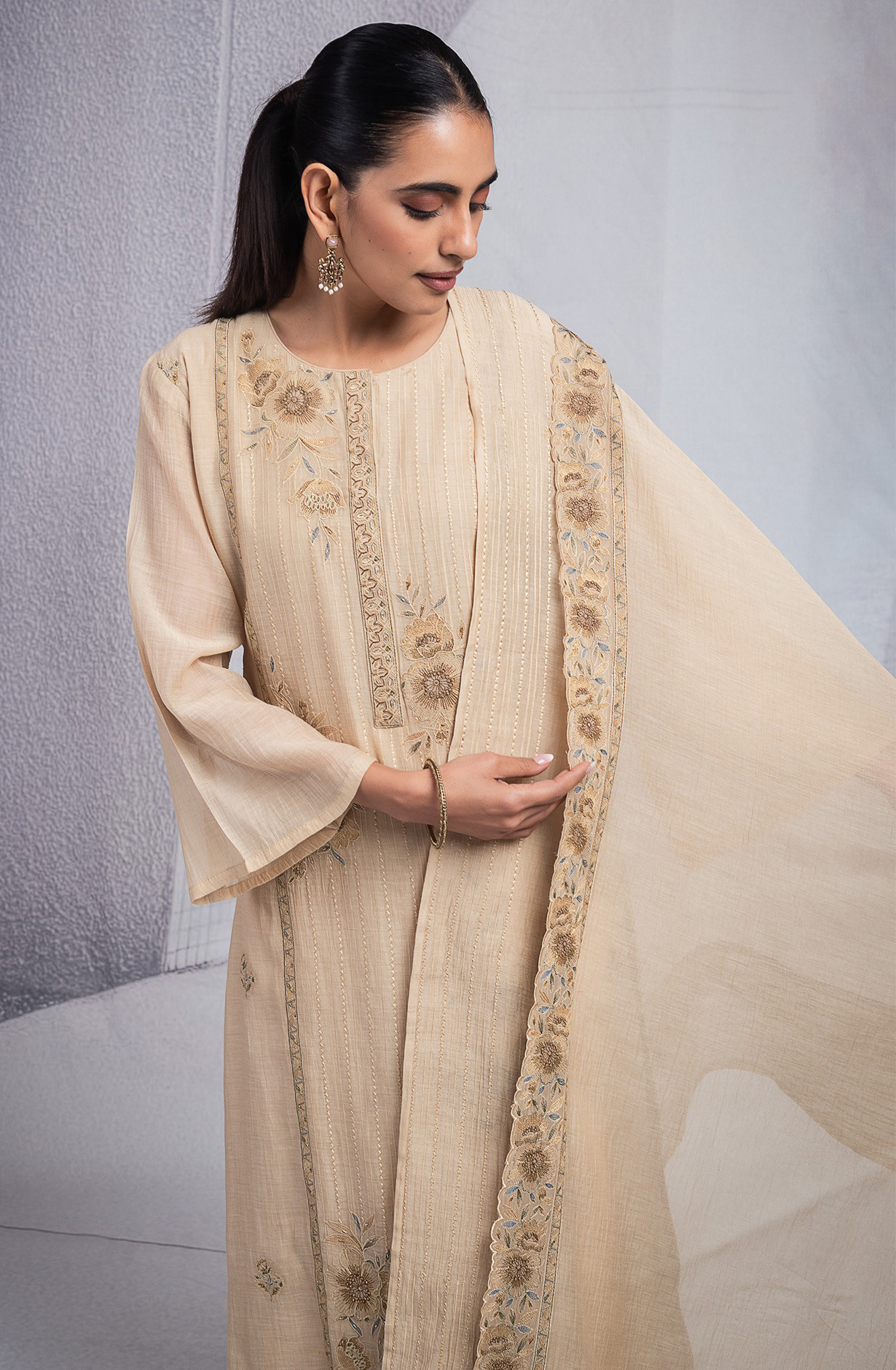Beige Pure Mul Chanderi Suit Set with Dupatta - R157-SPR2573B