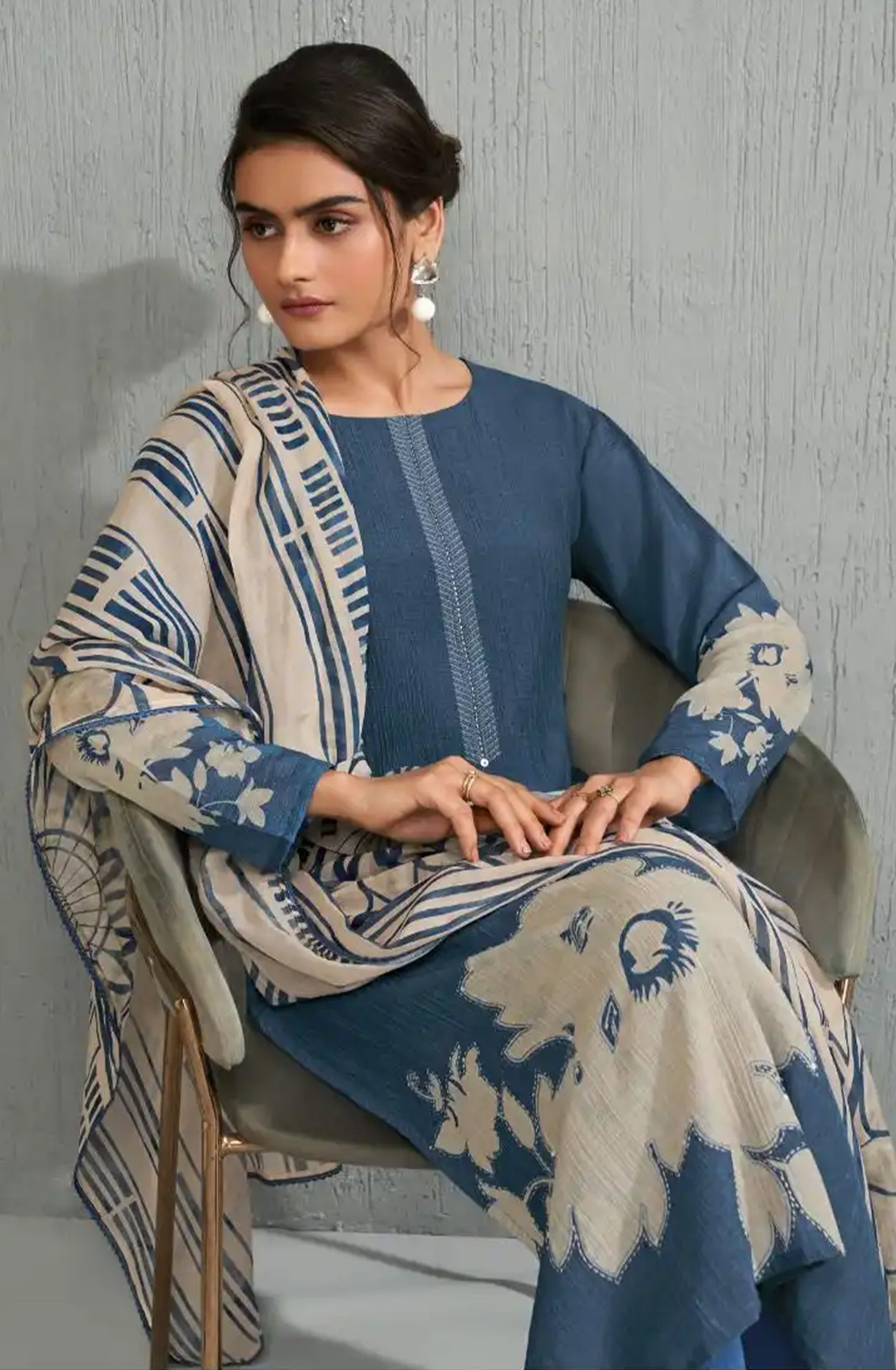 Blue Silk Chanderi Silk Suit set with Dupatta - TIV13021A