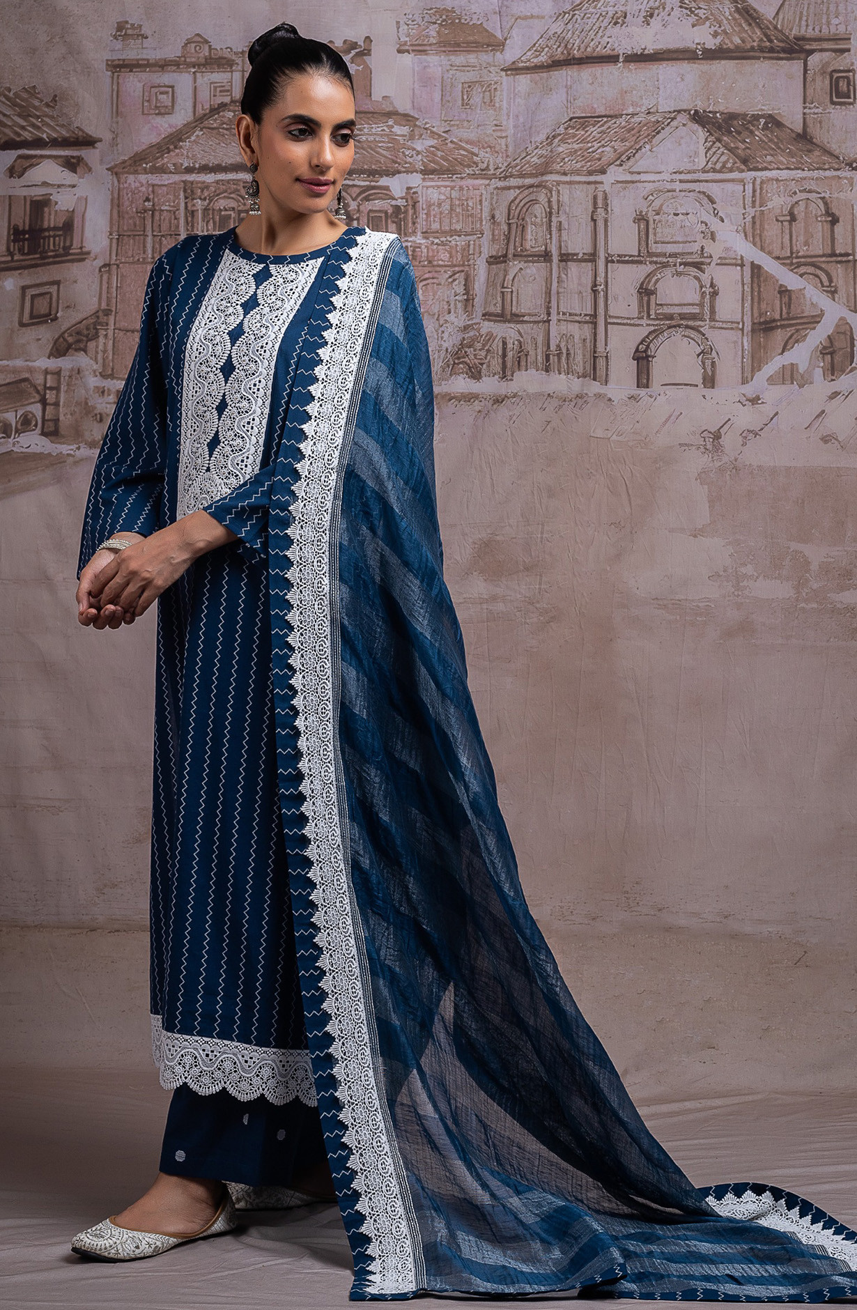 Dark Blue Mul Chanderi Beautiful Unstitched Suit with Dupatta - R157-SPR2741A