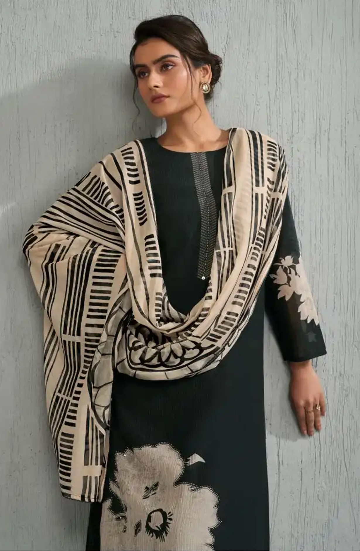 Black Silk Chanderi Silk Suit set with Dupatta - TIV13021C