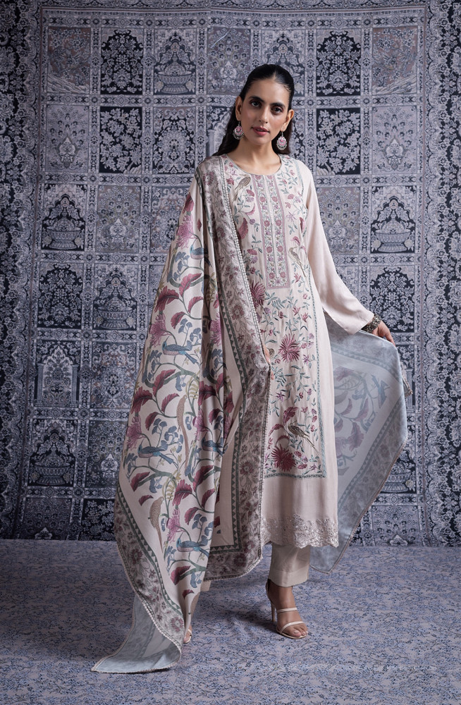 Image of Green Pure Pashmina Suit Set with Pashmina Dupatta - JAN2100B