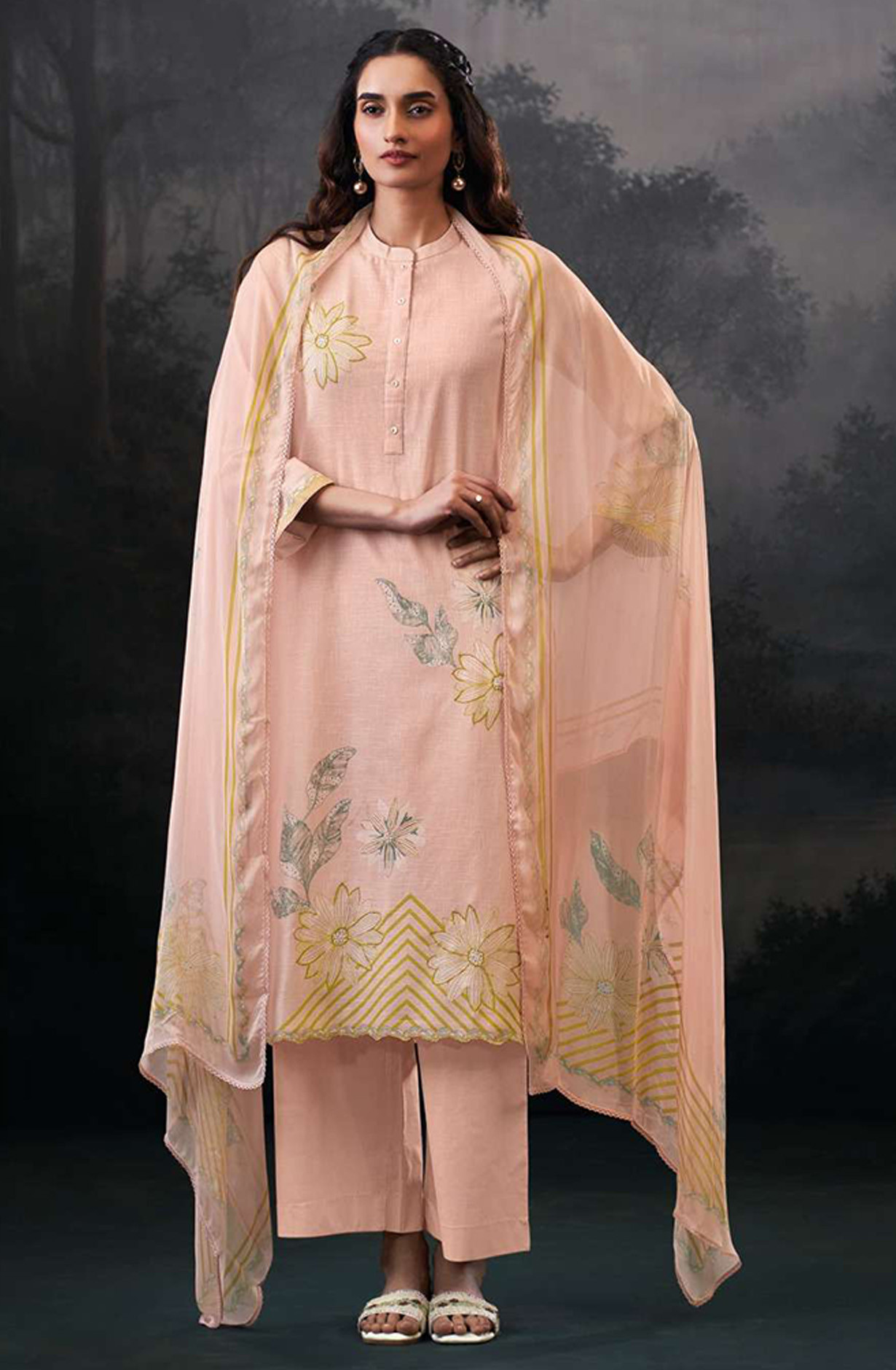 Pink premium cotton linen Unstitched Suit Set with Dupatta - ALVS4507D