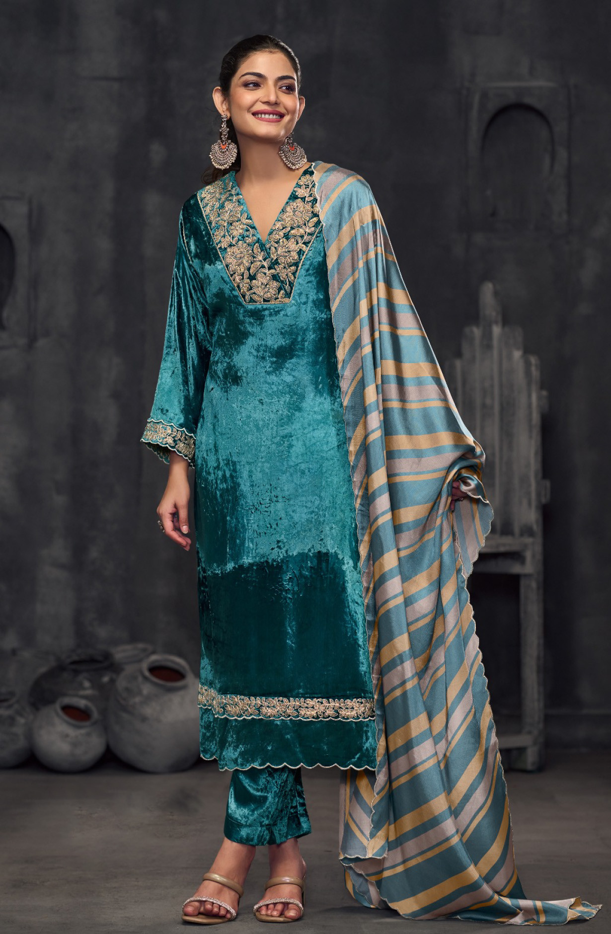 Blue Pure viscose velvet Suit set with Dupatta- PAN746