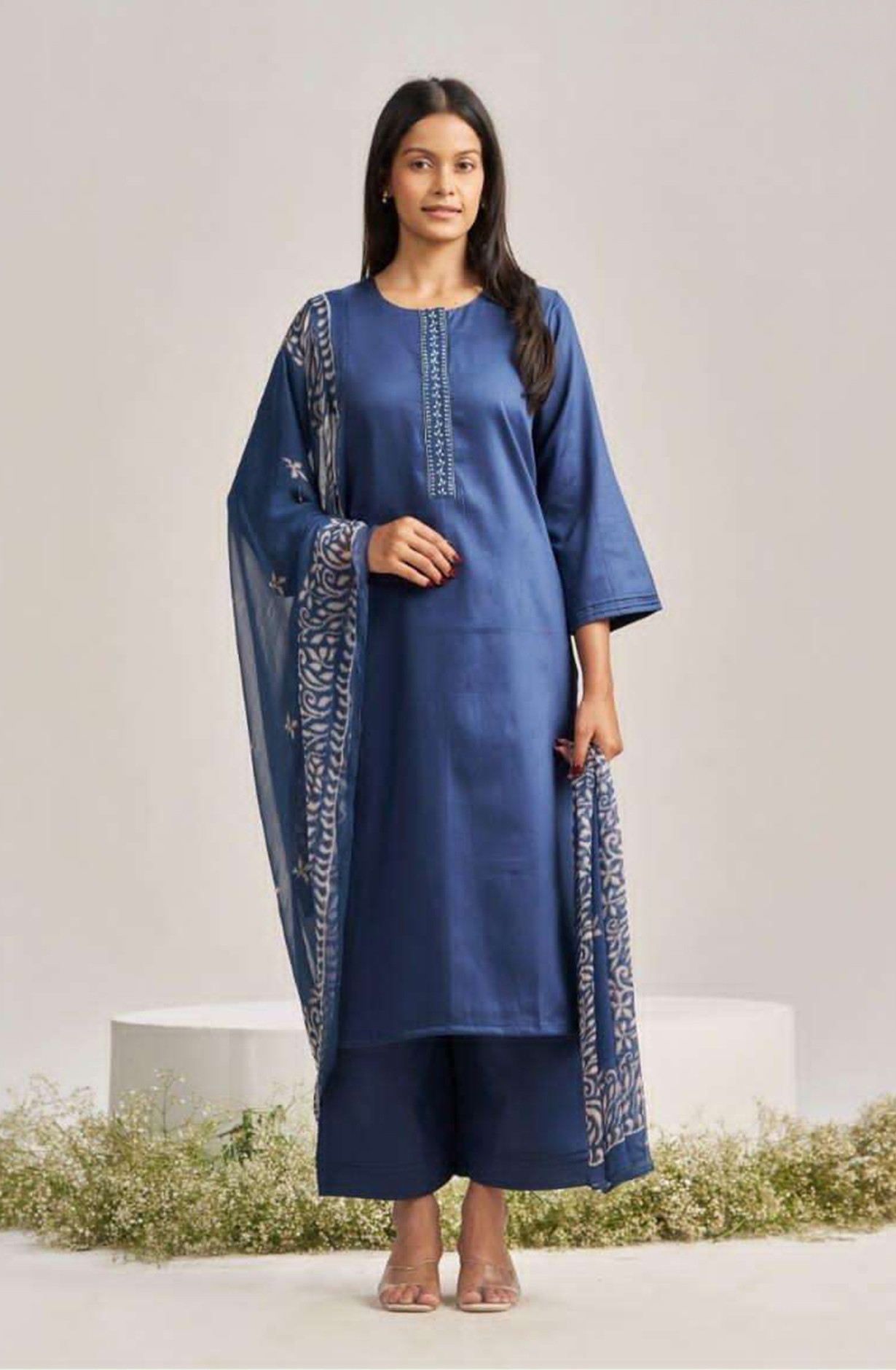 Blue Premium Cotton Satin Unstitched Suit Set with Beautiful Dupatta - GABS4877B