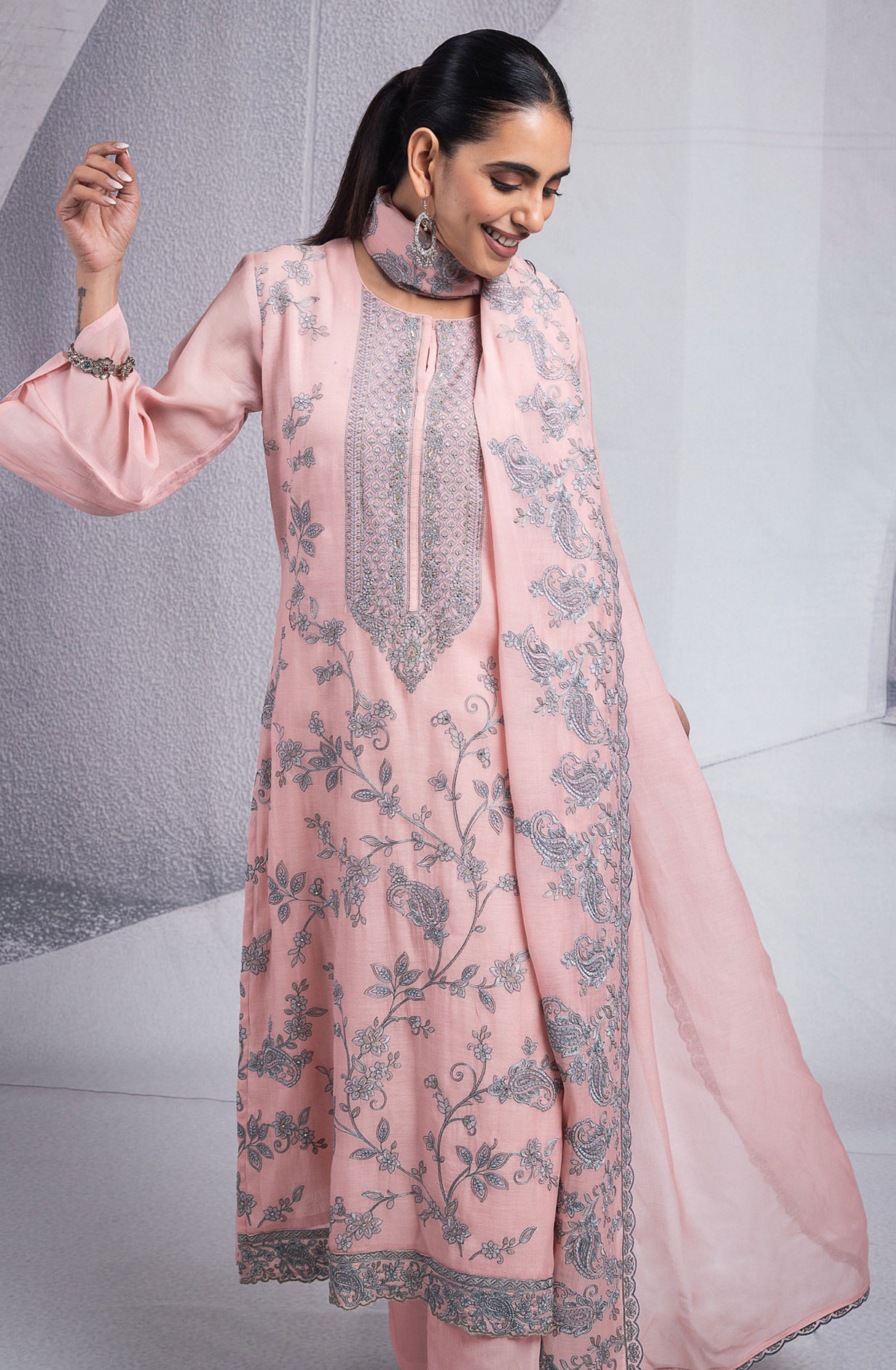 Pink Pure Mul Chanderi Suit Set with Dupatta -R157-SPR2579B