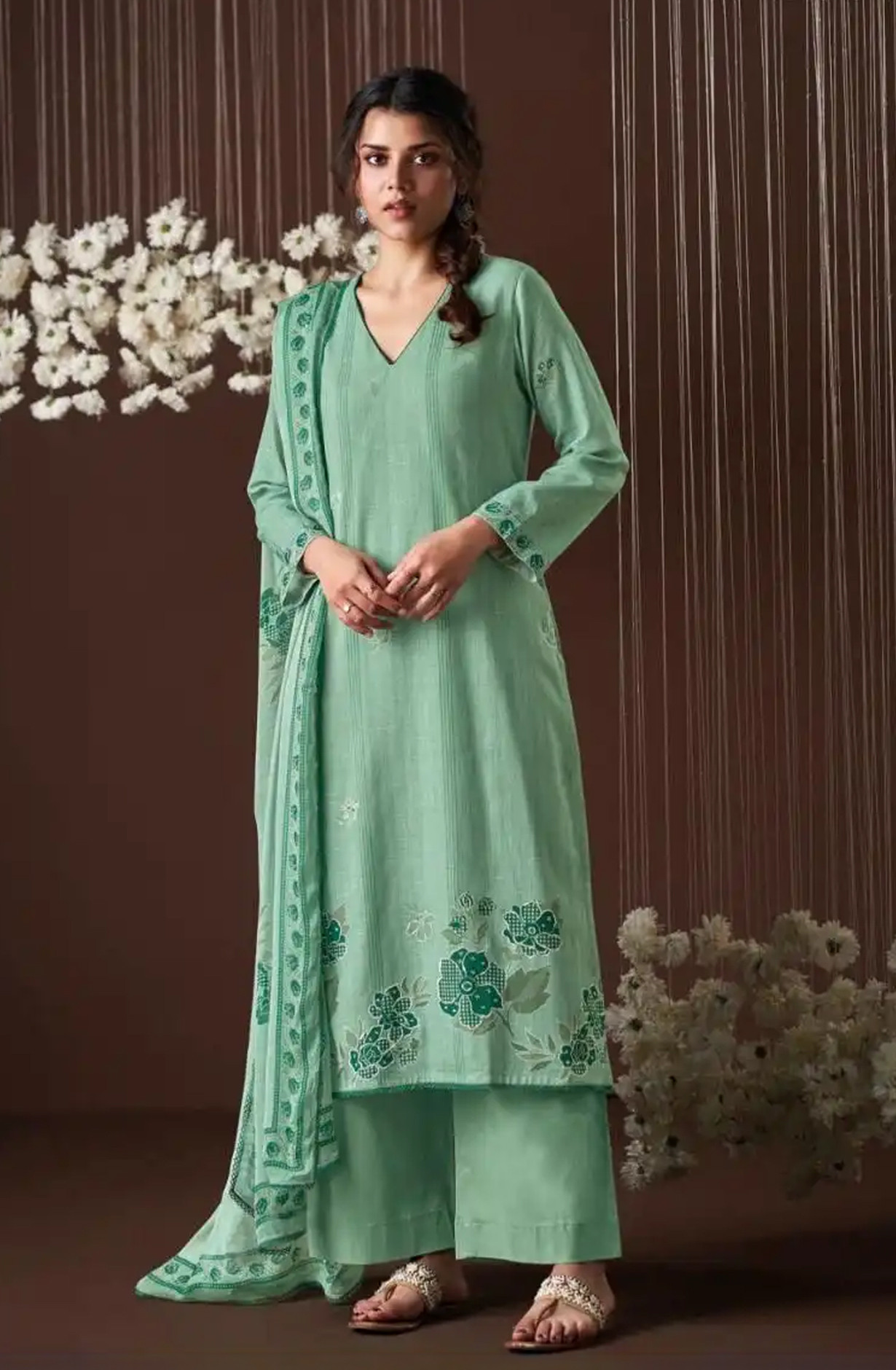 Green Premium Cotton Linen Unstitched Suit Set with Dupatta - HYS4533C