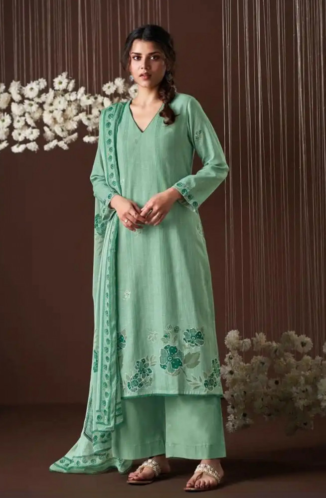 Image of Green Premium Cotton Linen Unstitched Suit Set with Dupatta - HYS4533C