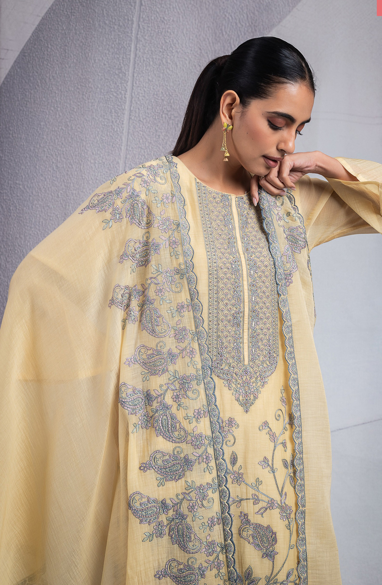 Yellow Pure Mul Chanderi Suit Set with Dupatta -R157-SPR2579C
