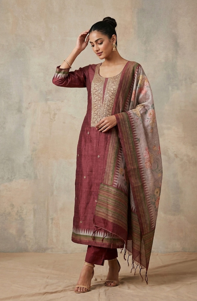 Image of Maroon Chanderi Silk Beautiful Suit Set with Dupatta - 981-NK653