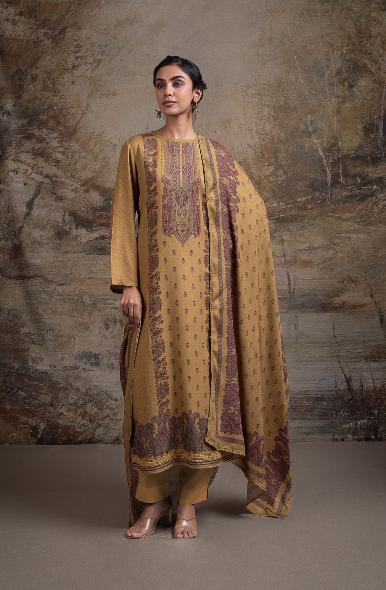 Mustard Pashmina Digital Printed Suit Set with Dupatta - QAA2130A