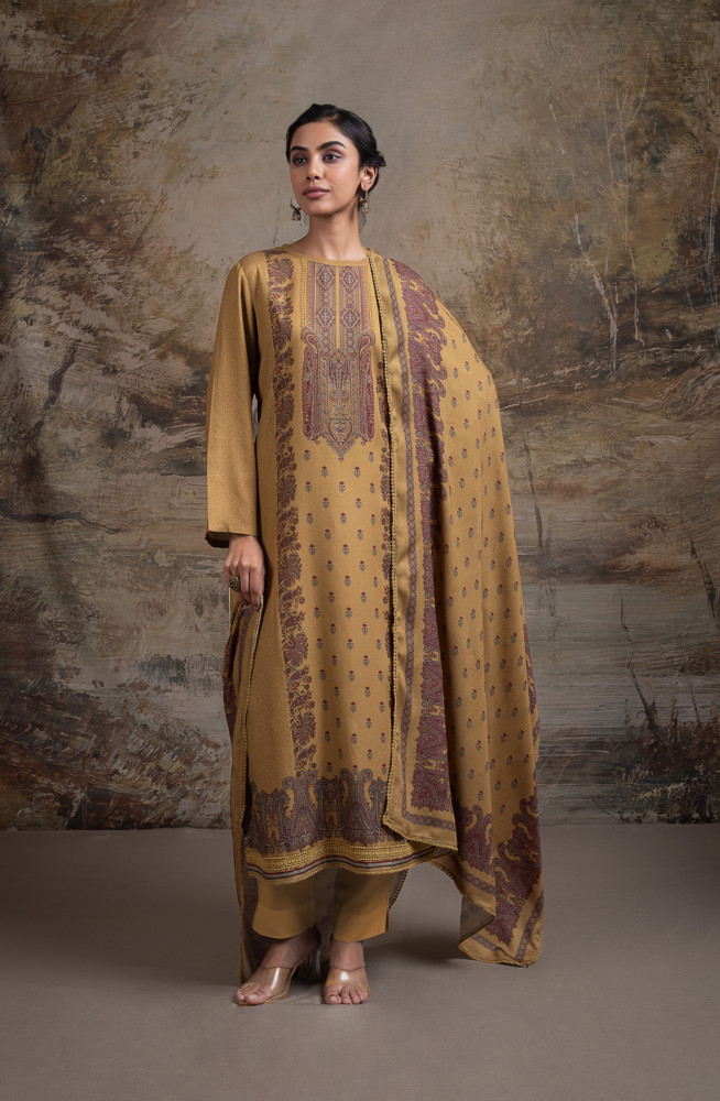 Image of Mustard Pashmina Digital Printed Suit Set with Dupatta - QAA2130A