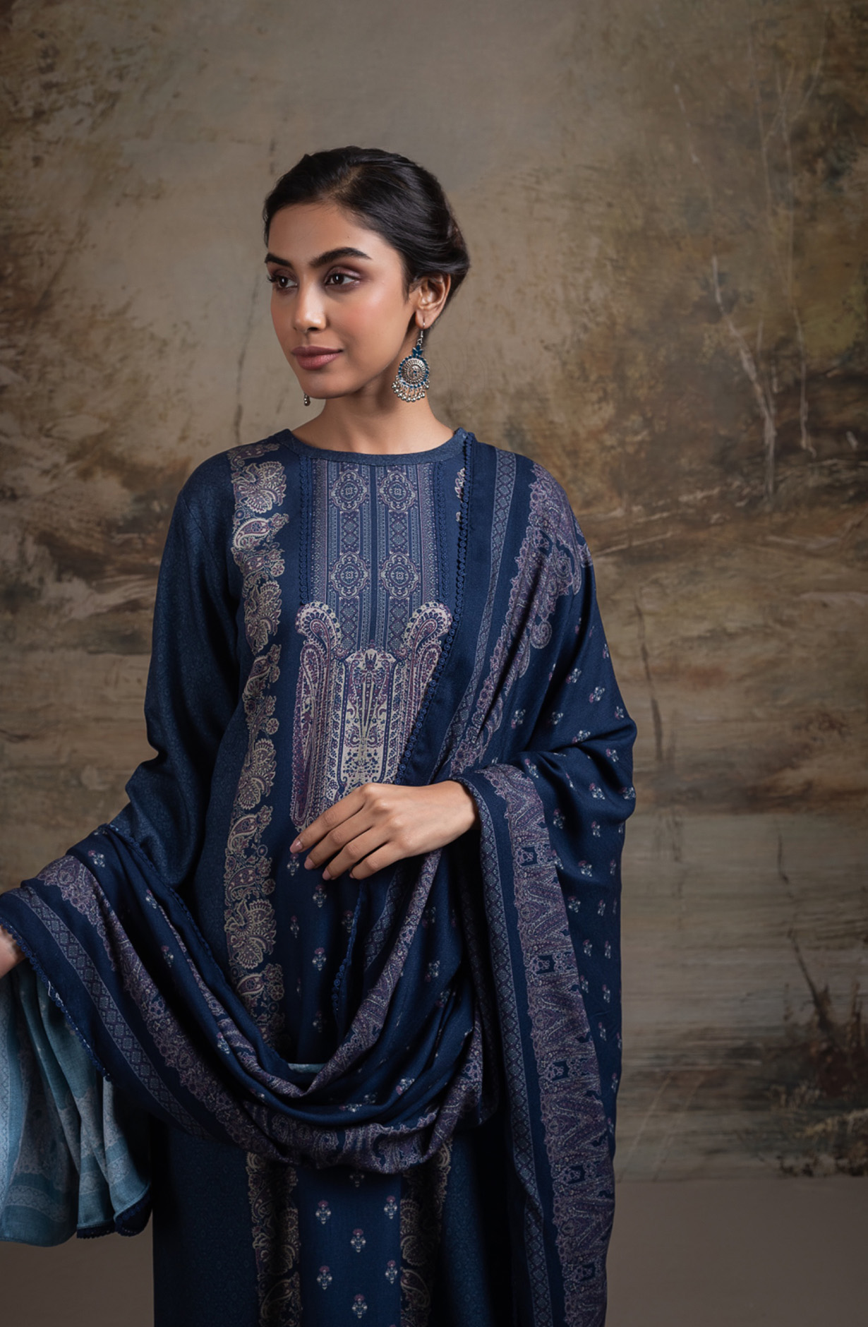 Blue Pashmina Digital Printed Suit Set with Dupatta - QAA2130C