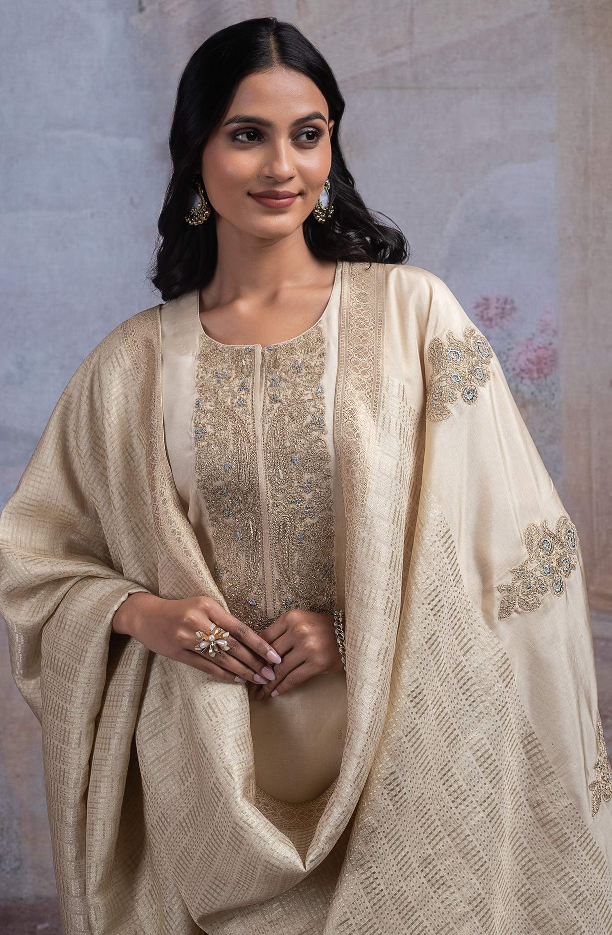 Beige Silk Suit Set with Dupatta - R157-SPR2542