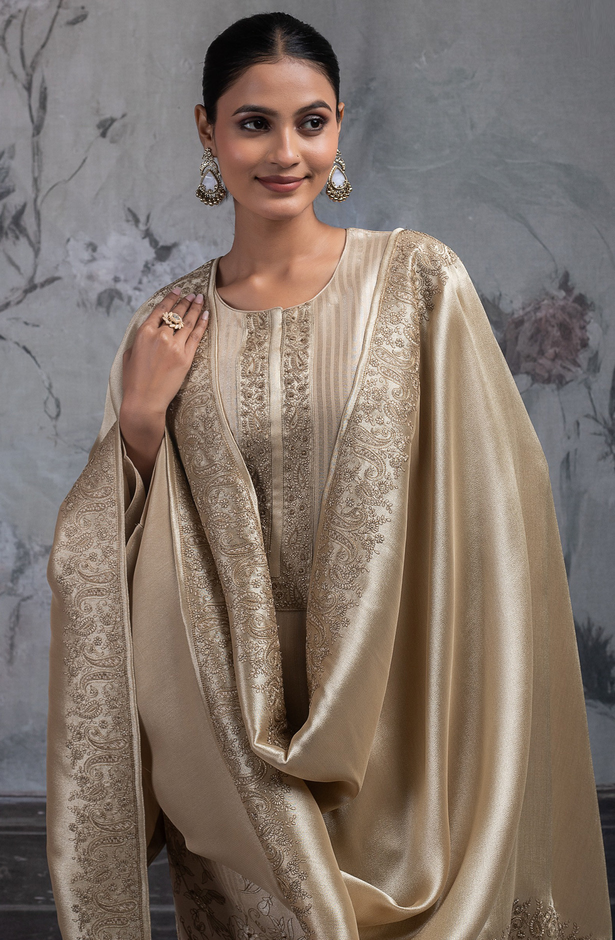 Beige Ziraf Silk Jacquard Suit Set with Dupatta - R157-SPR2422B