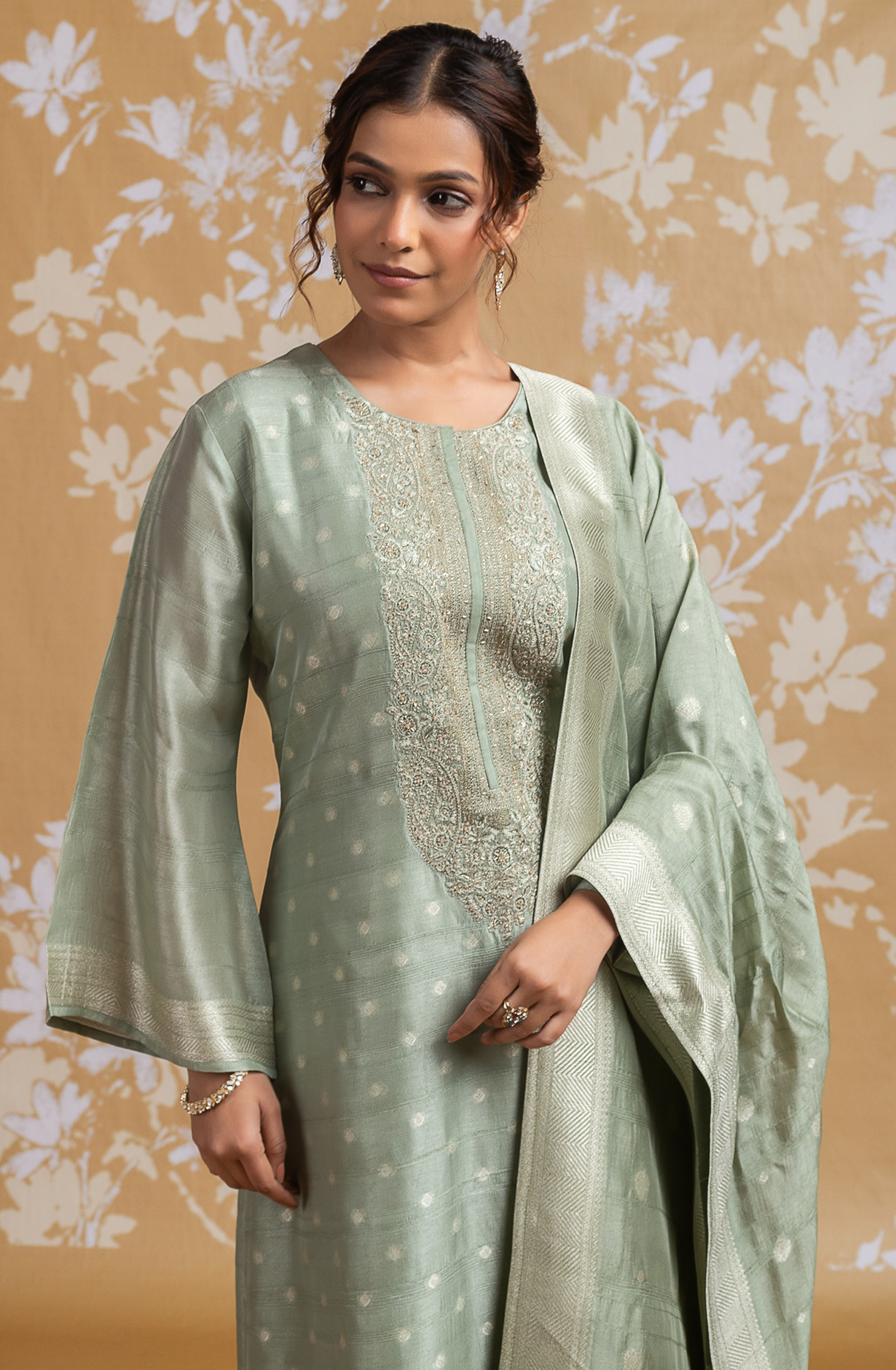 Green Raw Silk Jacquard Suit Set with Dupatta - R157-SPR2590