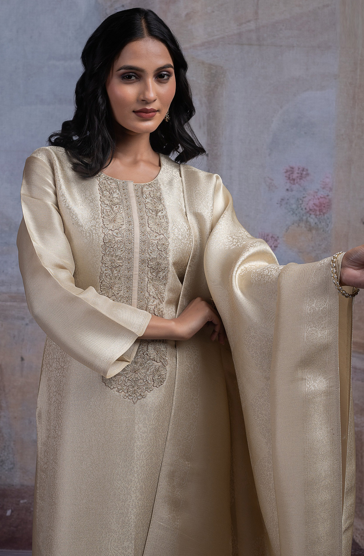 Beige Ziraf Silk Jacquard Suit Set with Dupatta - R157-SPR2541A