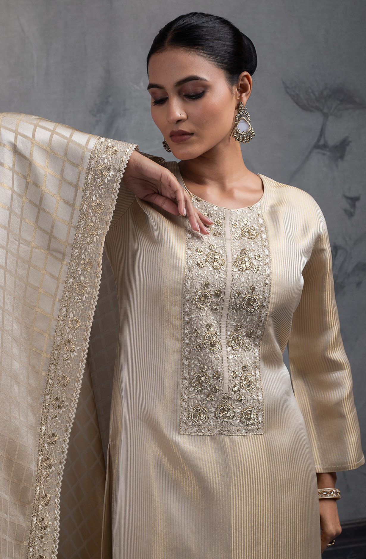 Beige Tissue Silk Jacquard Suit Set with Dupatta - R157-SPR2543