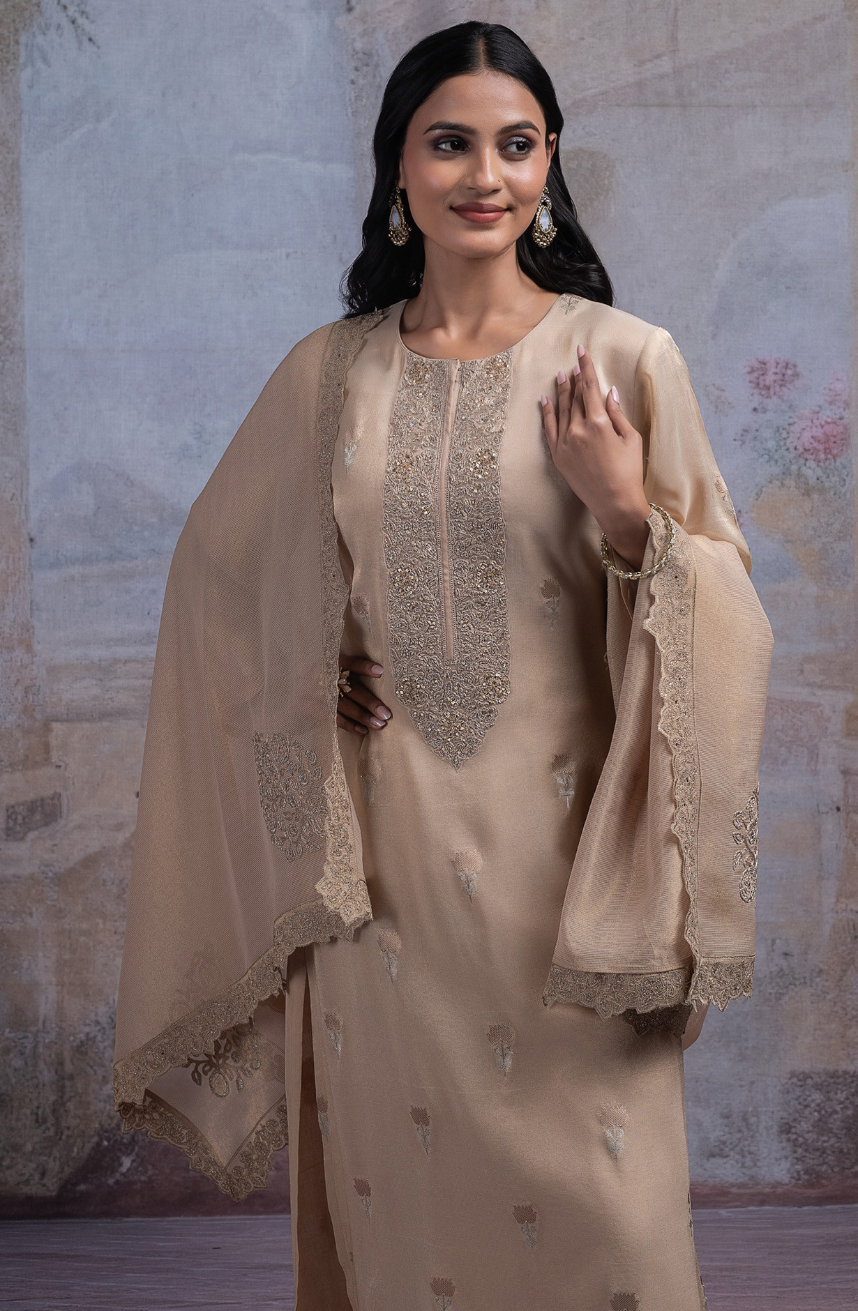Fawn Tissue Silk Jacquard Suit Set with Dupatta - R157-SPR2547