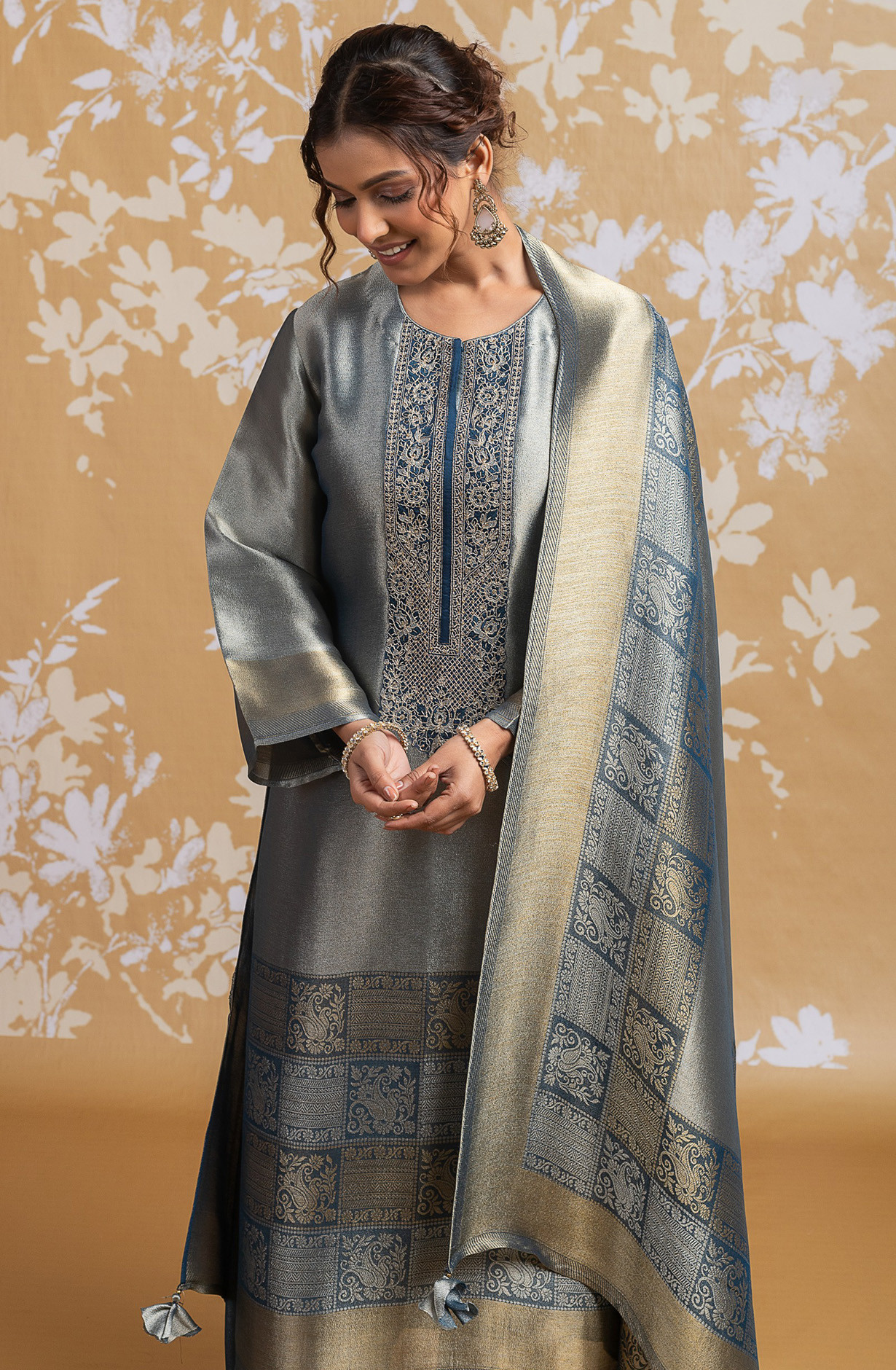 Grey Ziraf Silk Jacquard Suit Set with Dupatta - R157-SPR2556