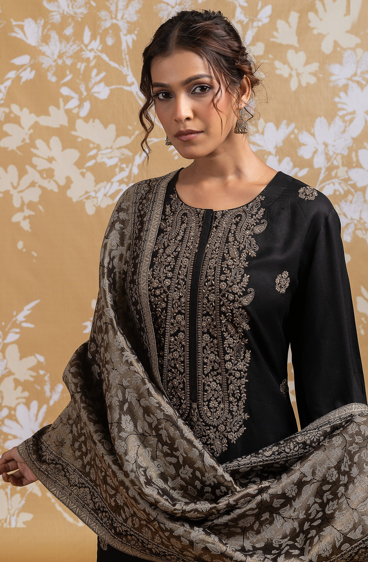 Black Pashmina Embroidered and Handwork Suit Set with Dupatta - R157-SPR2550