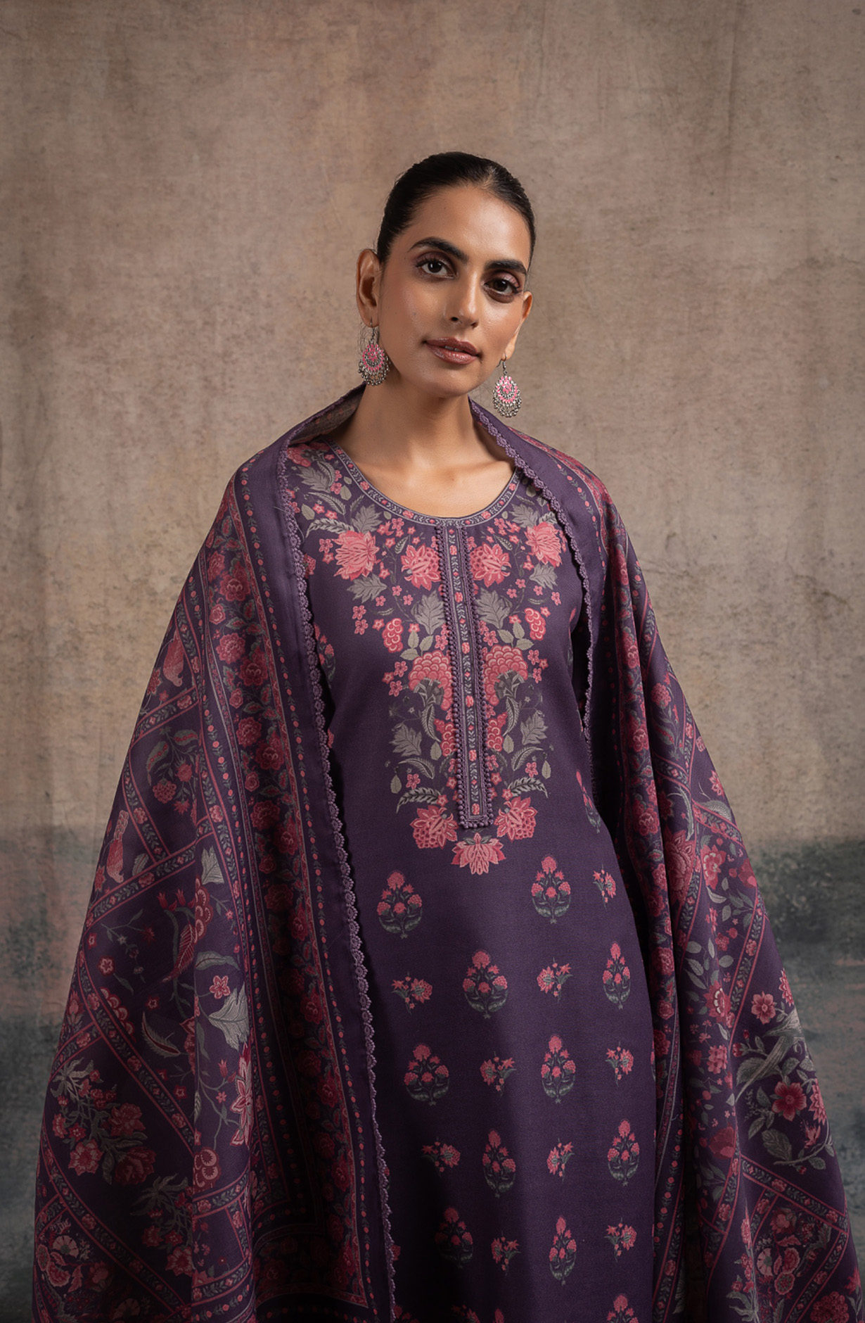 Purple Pashmina Digital Printed Suit Set with Dupatta - SUF2136A