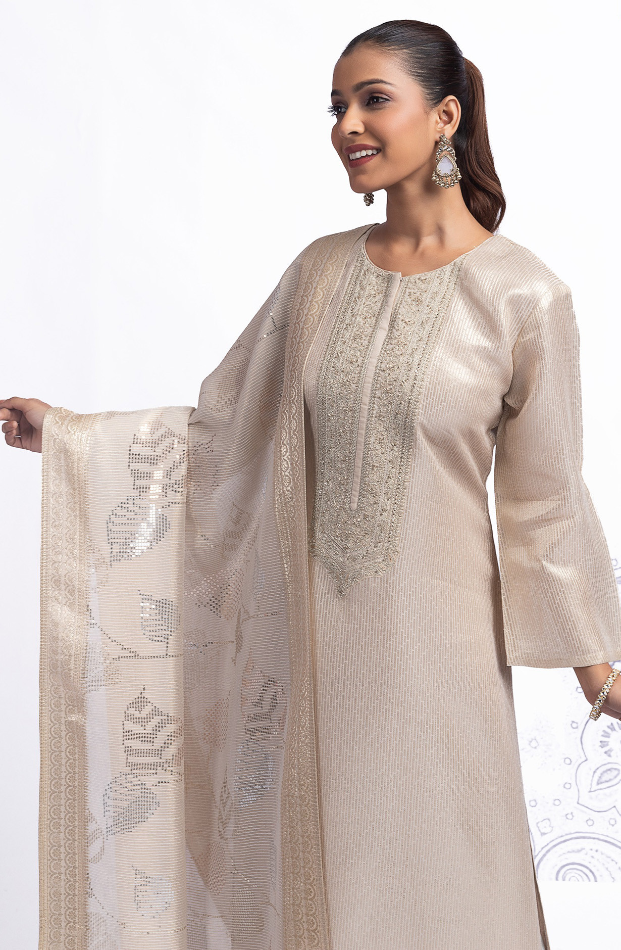 Beige Tissue Silk Jacquard Suit Set with Dupatta - R157-SPR2566