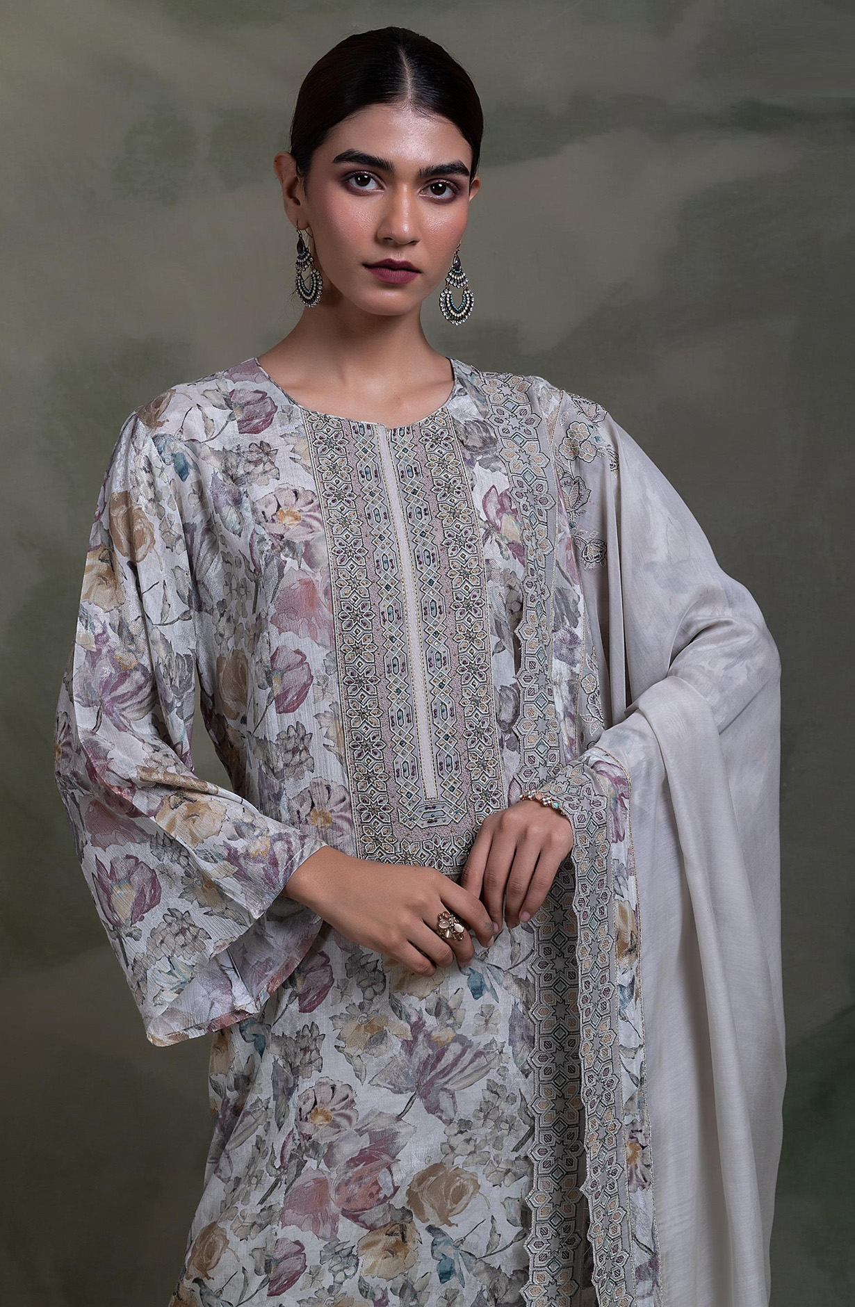Grey printed Muslin Embroidered Suit Set with Dupatta - R157-SPR2331A