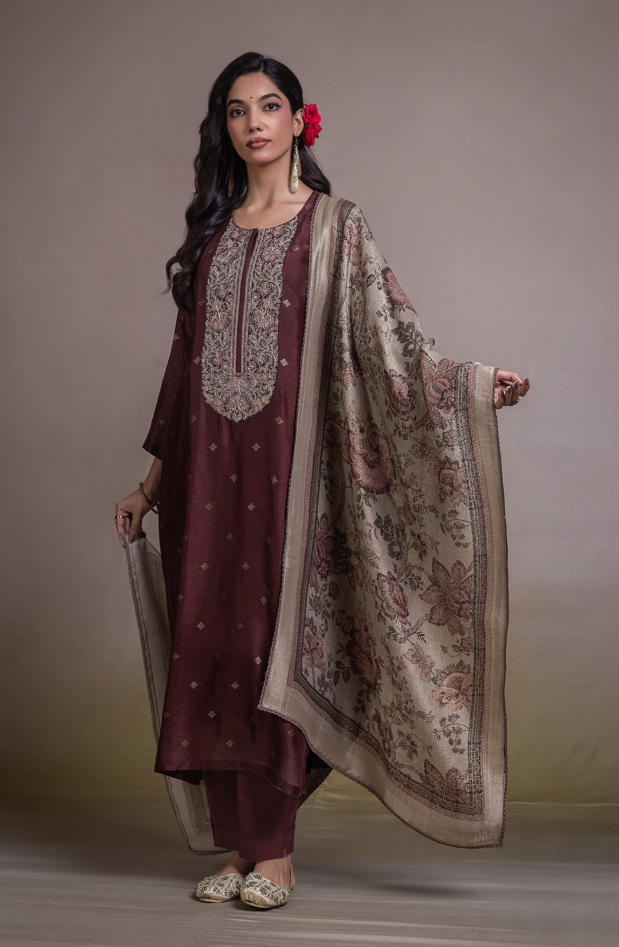 Wine Pure silk Unstitched Suit Set with Beautiful Dupatta - VAHNSK145B