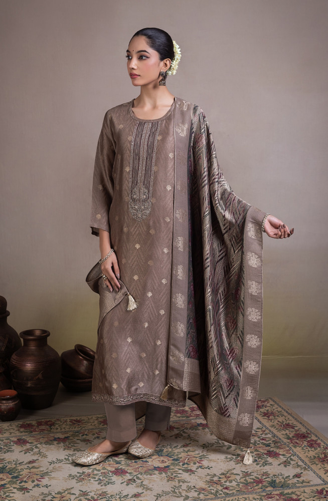 Image of Brown Pure silk Unstitched Suit Set with Beautiful Dupatta - MUGNSK146B