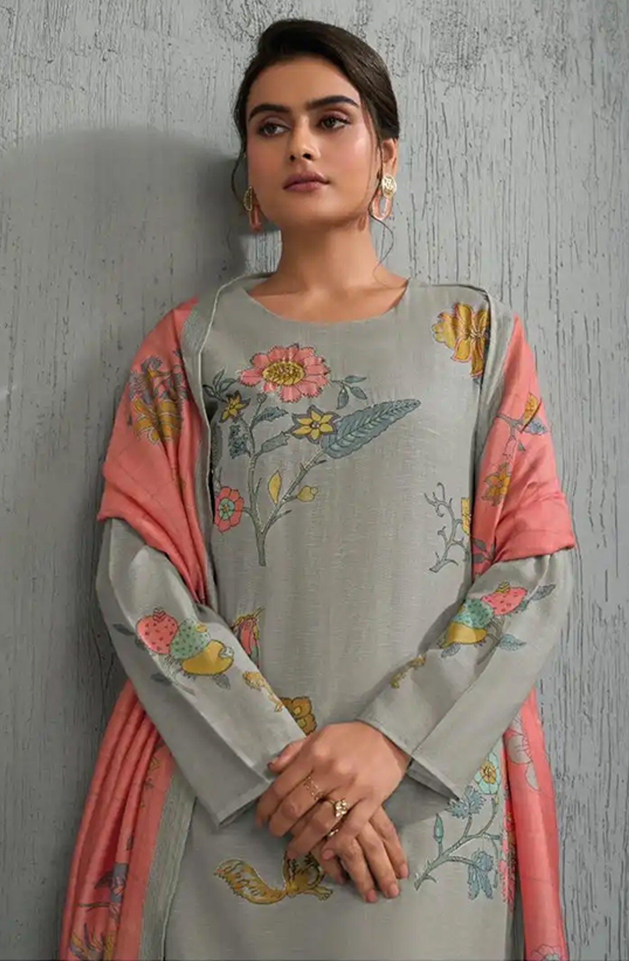 Grey cotton silk Beautiful Suit Set with Dupatta - SAH12041C