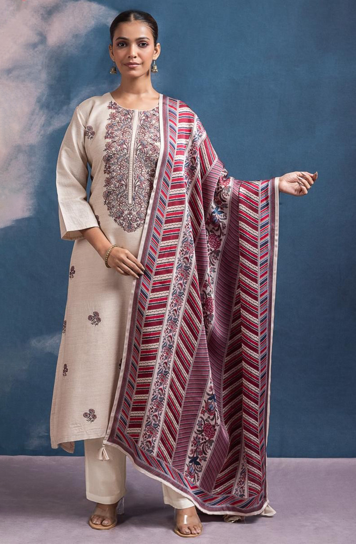 Off - White Monga Tussar Silk Suit with Red Dupatta - R157-SPR2493
