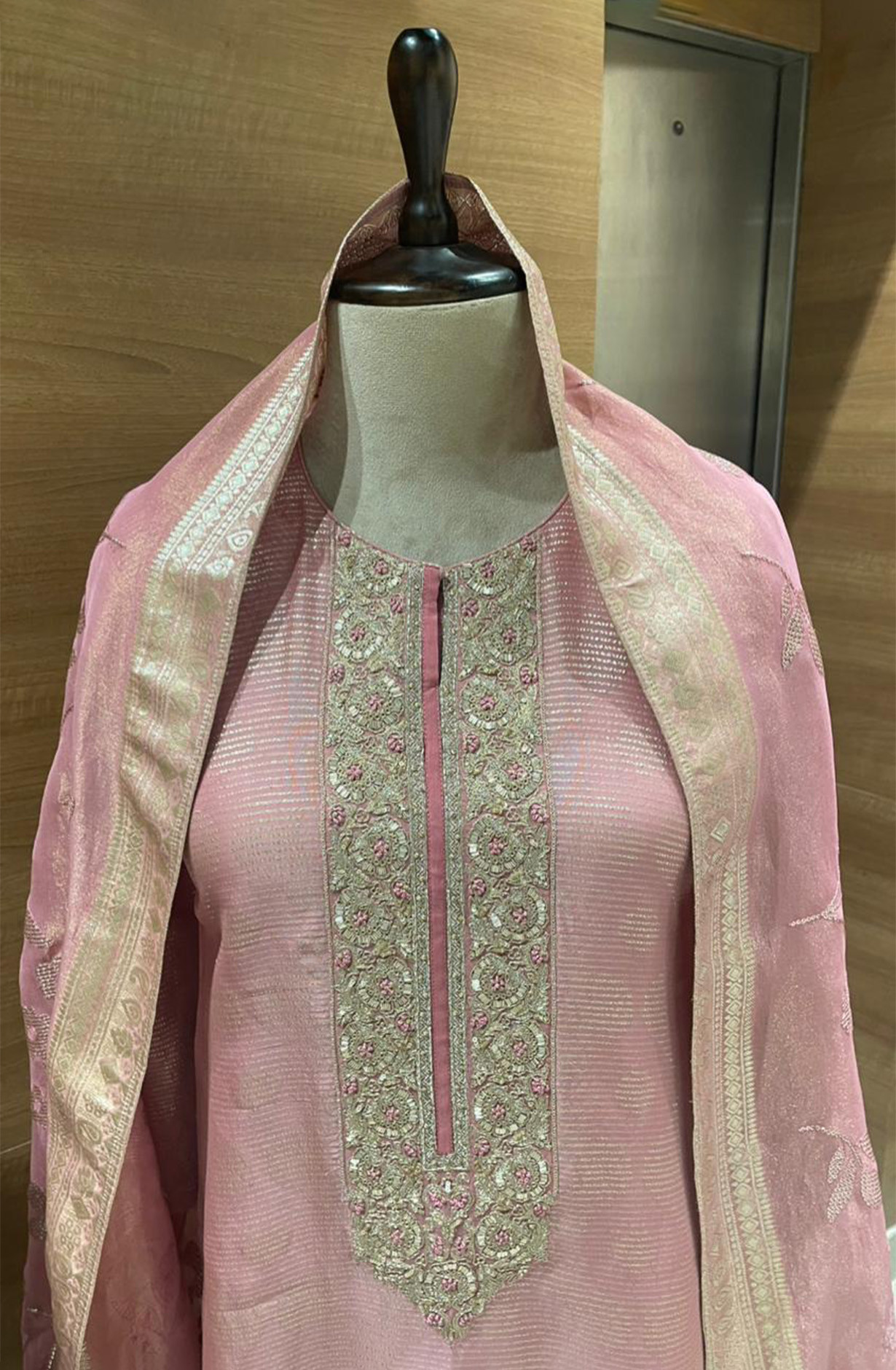Pink Silk Jacquard Suit Set with Tissue Silk Dupatta - R157-SPR2521