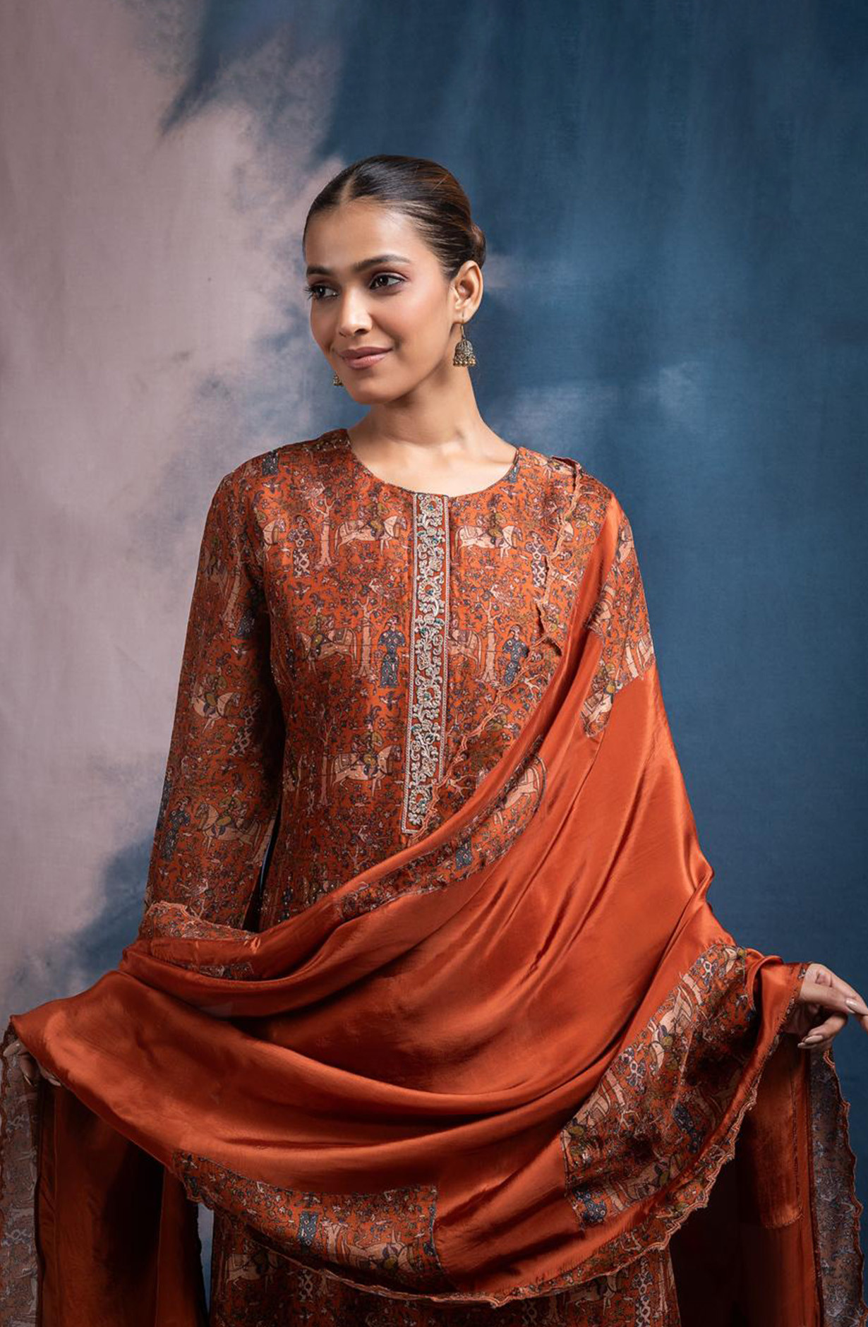 Orange Silk Printed Suit set with Dupatta - R157-SPR2448C