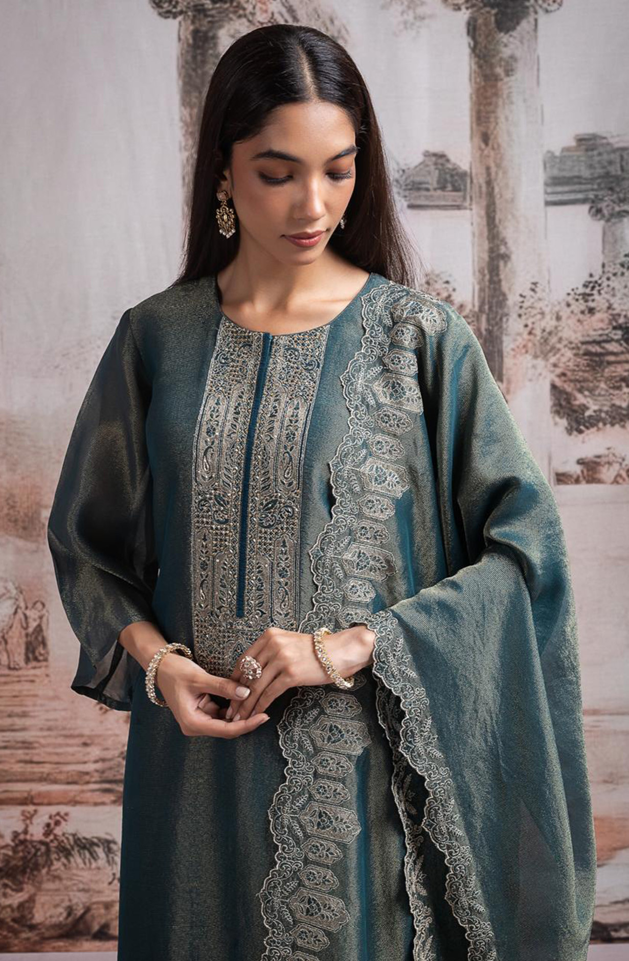 Bottle Green Silk Suit set with Silk Dupatta - R157-SPR2513