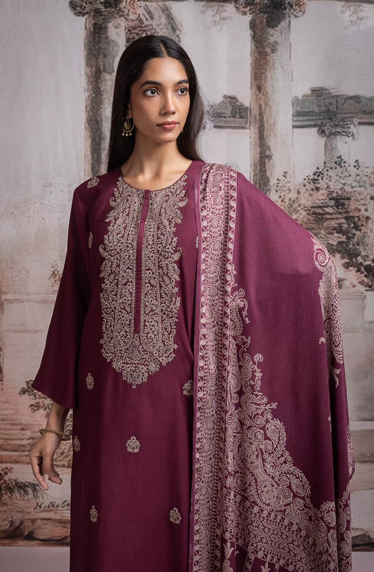 Wine Pashmina Suit with Pashmina Dupatta - R157-SPR2484A