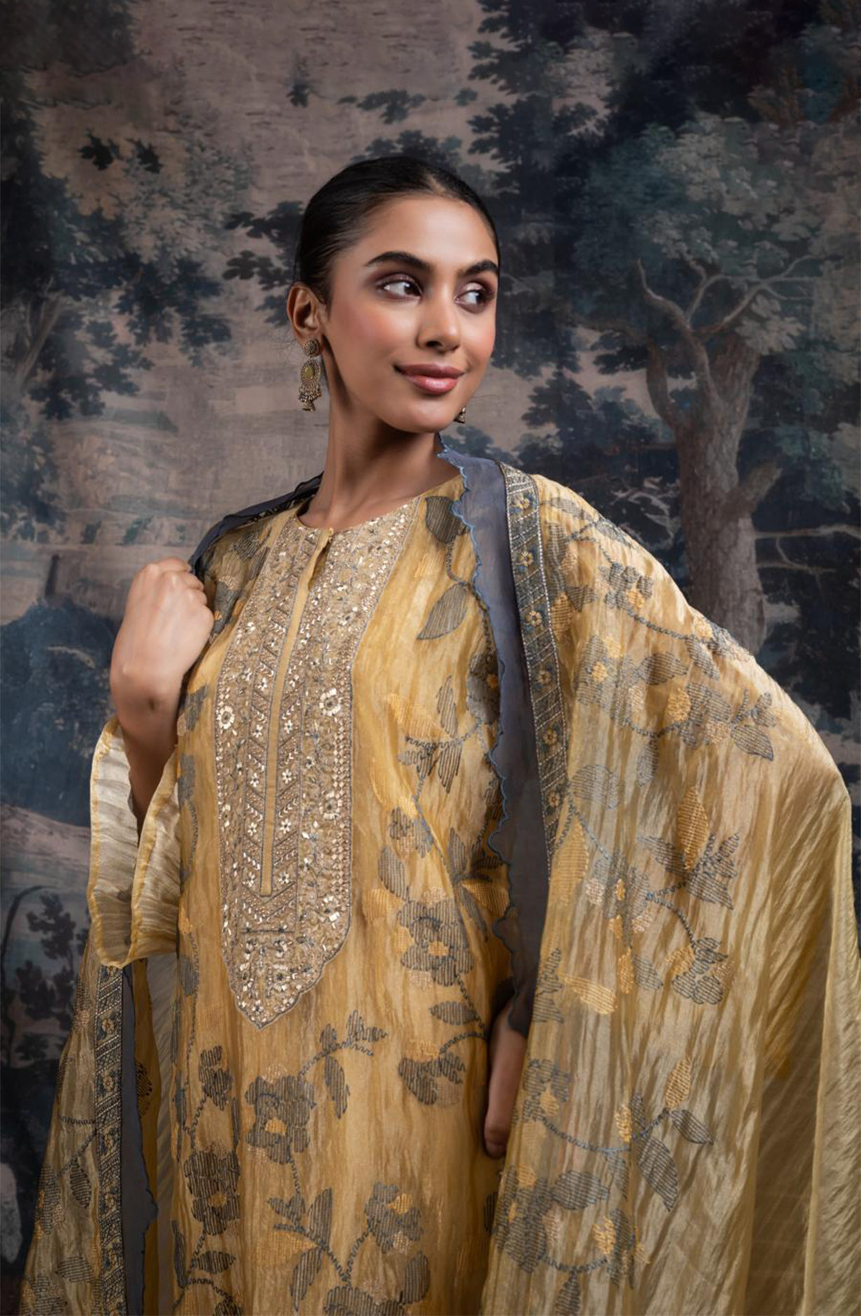 Mustard Glass Tissue Organza Suit with Dupatta - R157-SPR2372