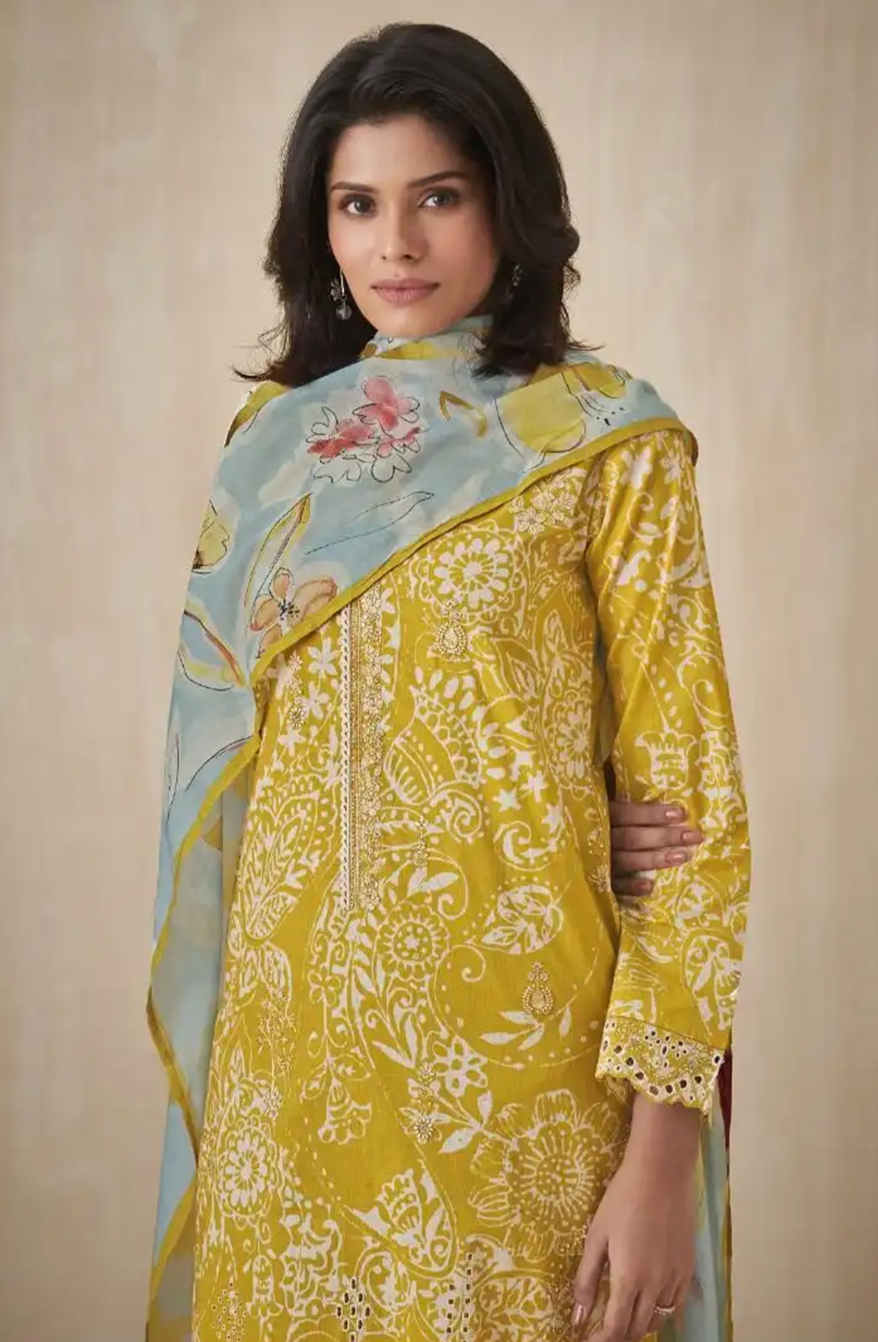 Yellow premium lawn cotton Suit Set with Dupatta - INA13091C