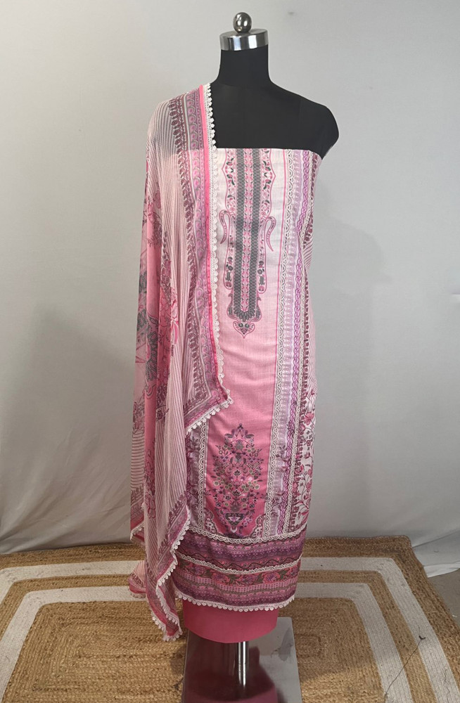 Image of Pink Cotton Beautiful Suit Set with Dupatta - VAI2
