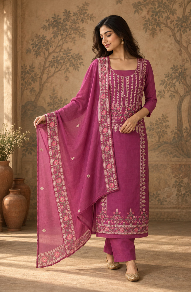 Image of Purple Mul Chanderi Unstitched Suit Set with Beautiful Dupatta - 752-9067
