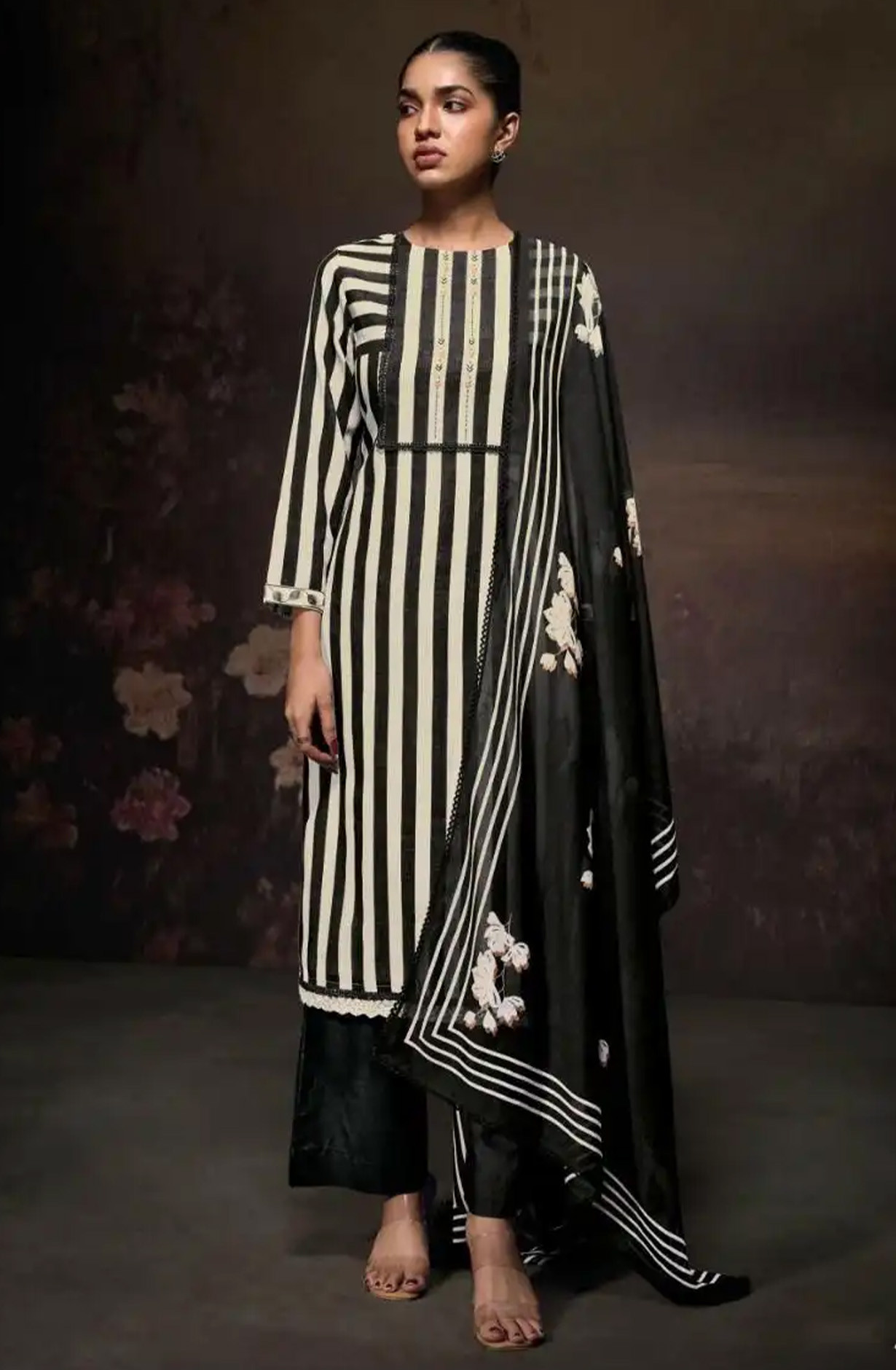 Black premium cotton linen Unstitched Suit Set with Dupatta - ZIAS3685A