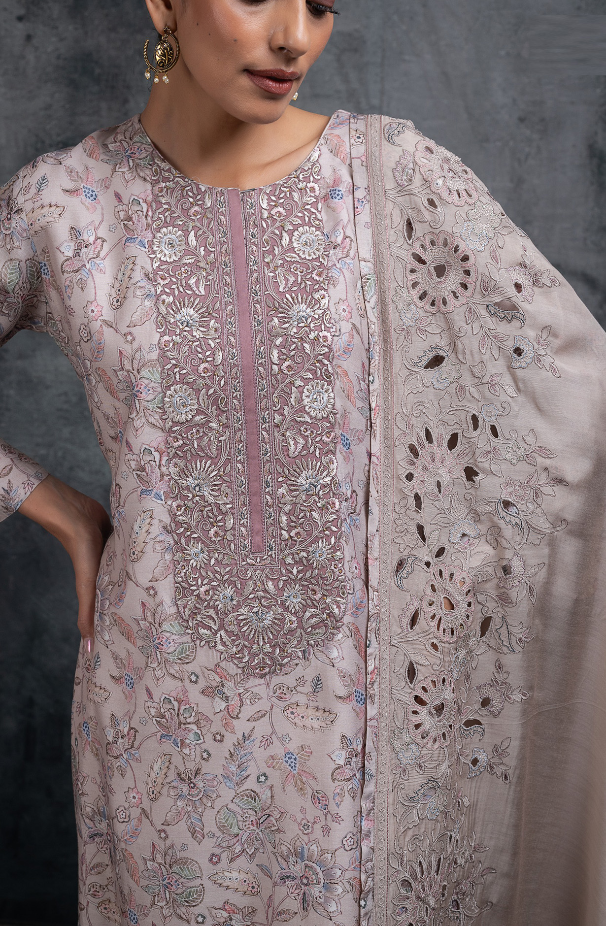 Mauve printed Muslin Embroidered Suit Set with Dupatta - R157-SPR2681