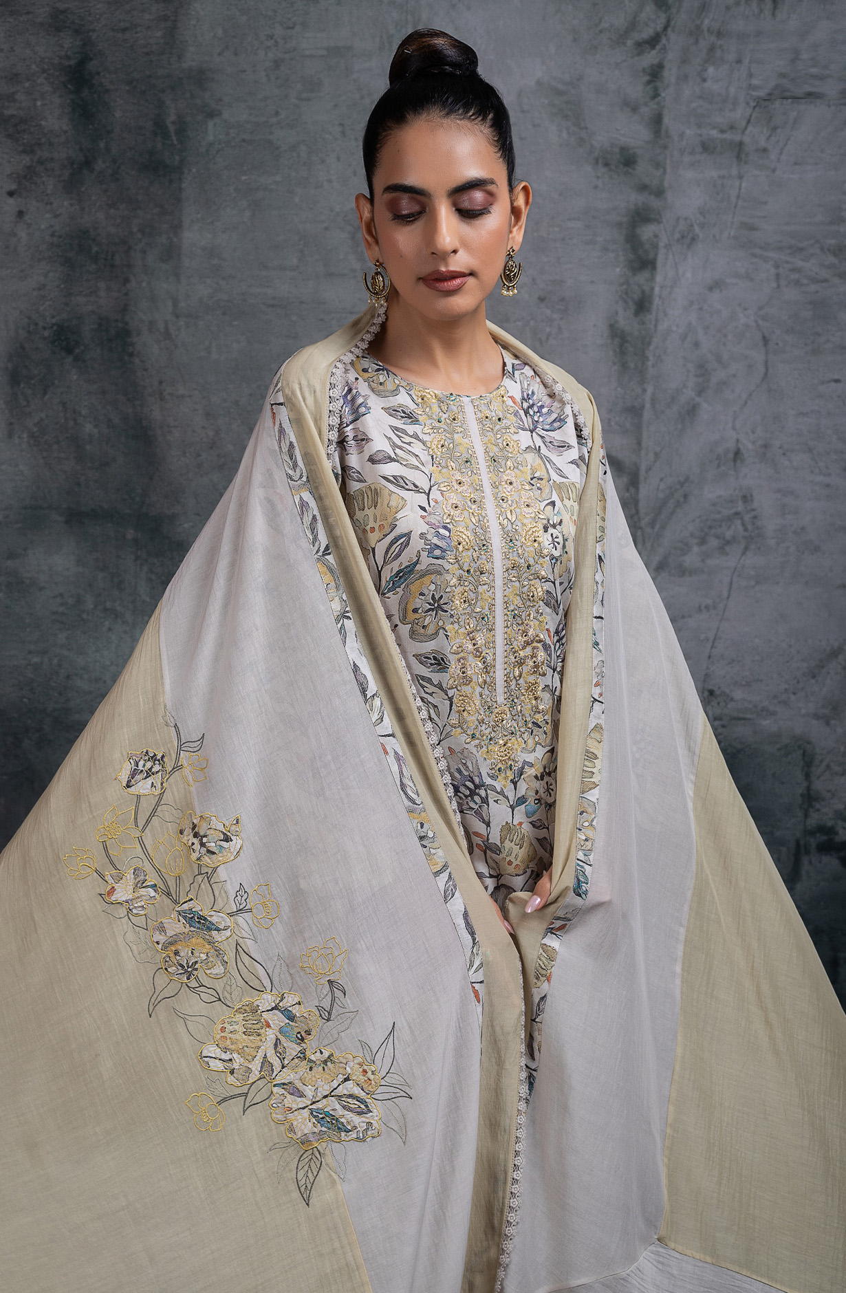 Grey printed Muslin Embroidered Suit Set with Dupatta - R157-SPR2222