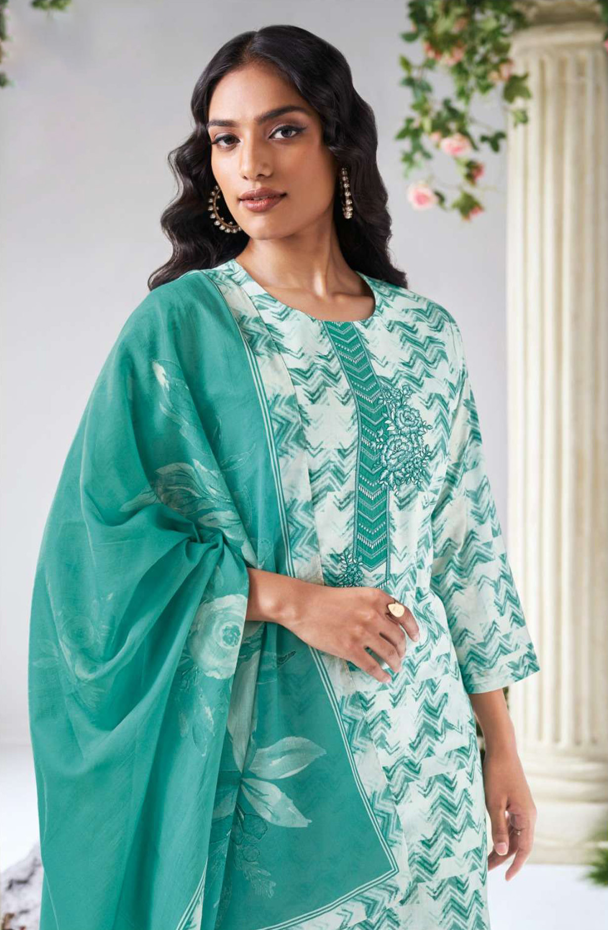 Green premium cotton linen Unstitched Suit Set with Dupatta - ASLS3596D