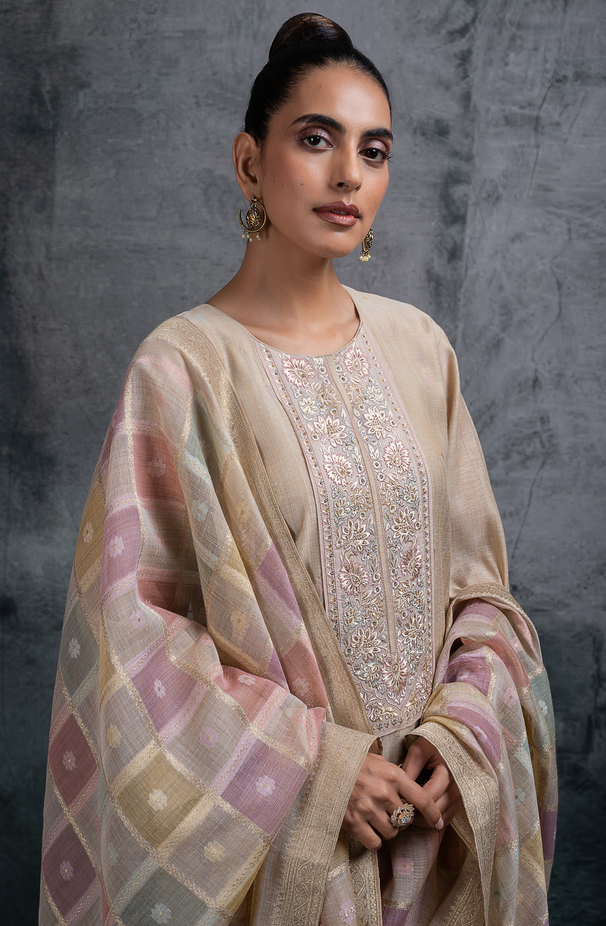 Fawn Mul chanderi Embroidered Suit Set with Dupatta - R157-SPR2631